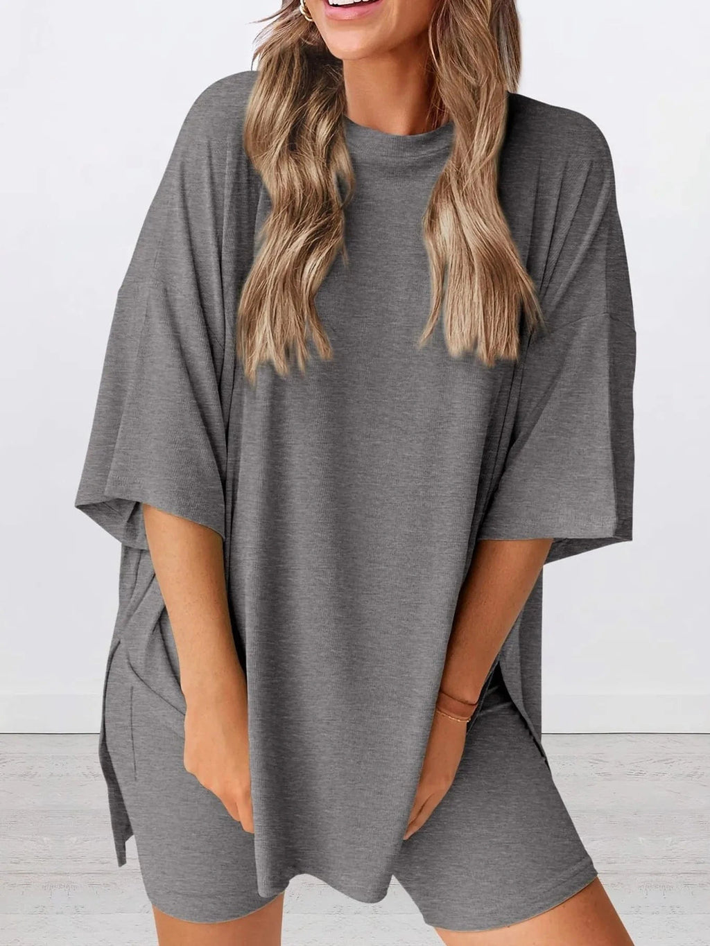 Full Size Oversized Round Neck Top and Shorts Set Plus Size - ShalayeFashion