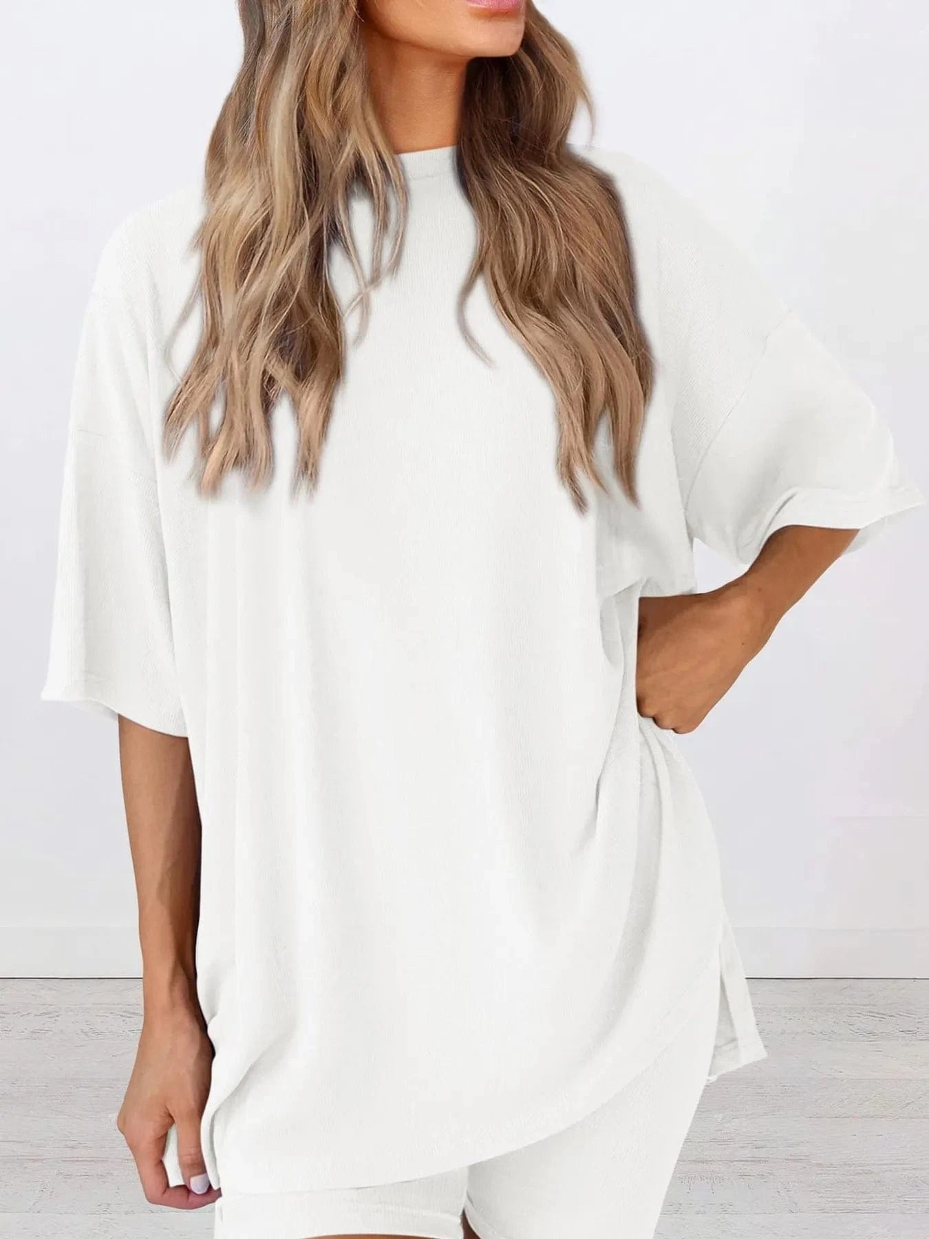 Full Size Oversized Round Neck Top and Shorts Set Plus Size - ShalayeFashion