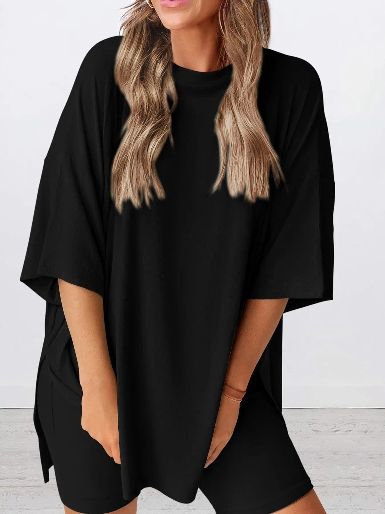 Full Size Oversized Round Neck Top and Shorts Set Plus Size - ShalayeFashion