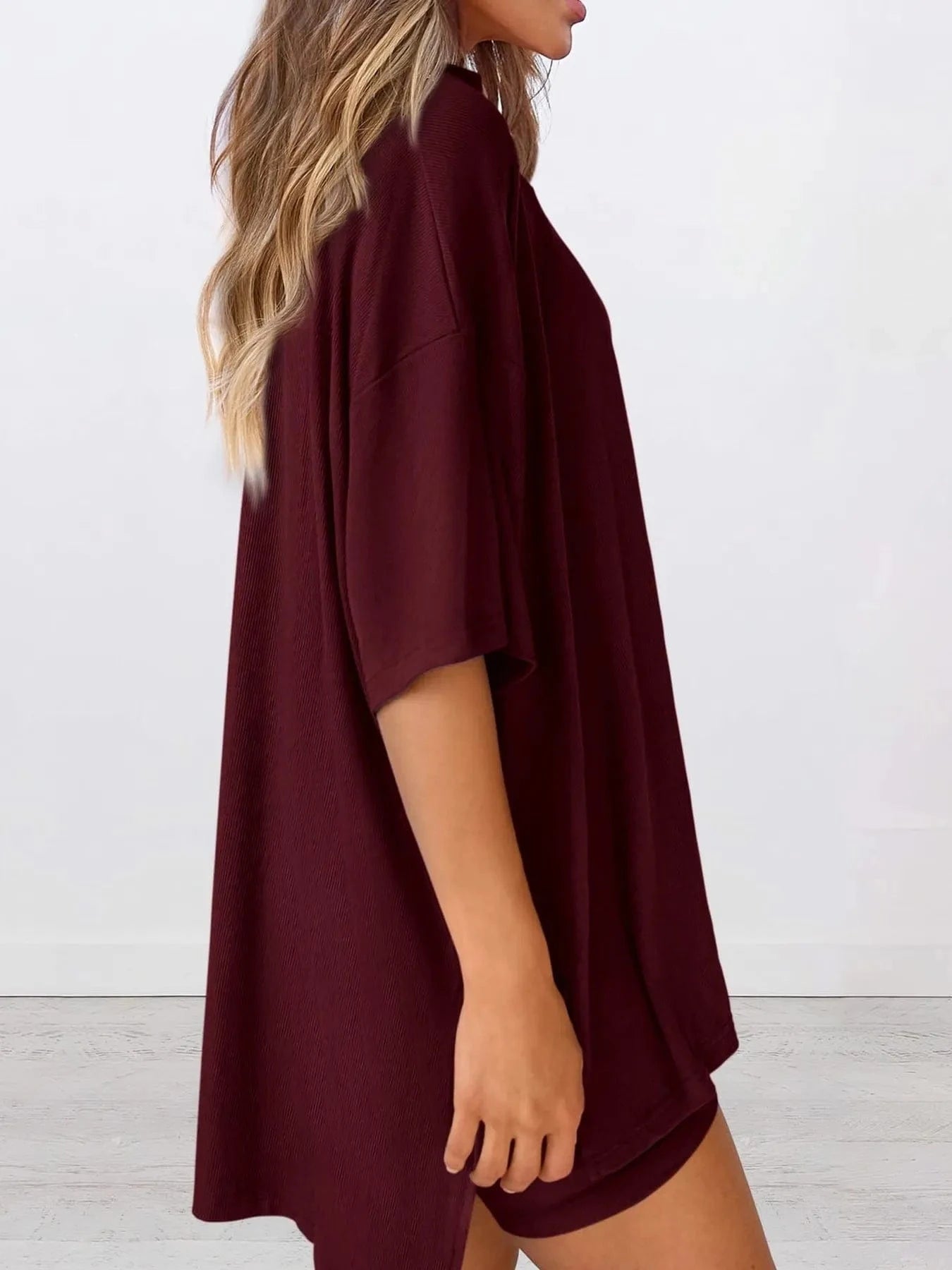 Full Size Oversized Round Neck Top and Shorts Set Plus Size - ShalayeFashion
