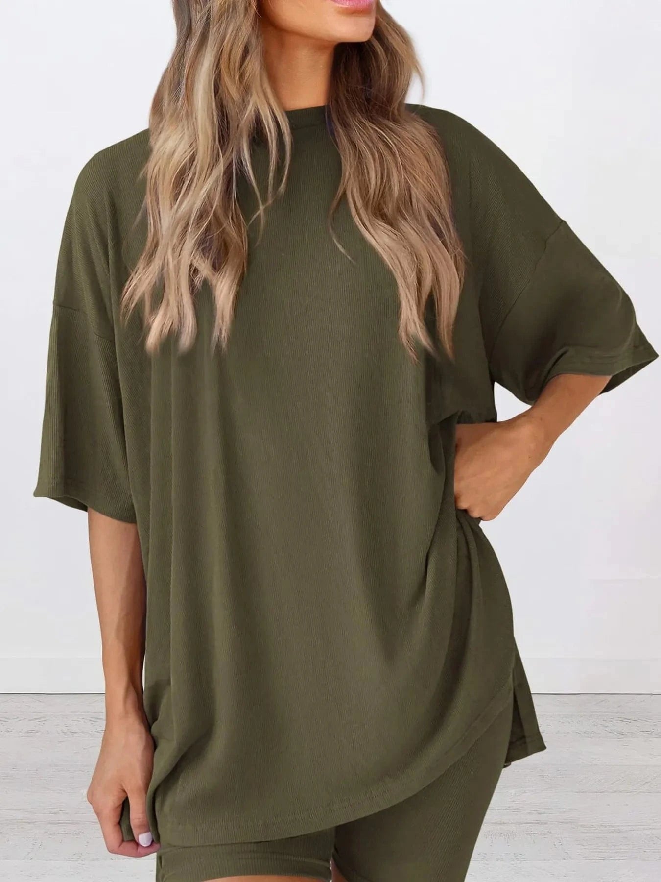 Full Size Oversized Round Neck Top and Shorts Set Plus Size - ShalayeFashion