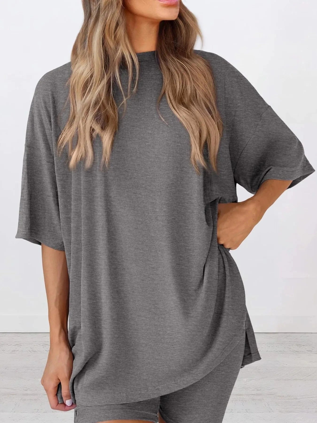 Full Size Oversized Round Neck Top and Shorts Set Plus Size - ShalayeFashion
