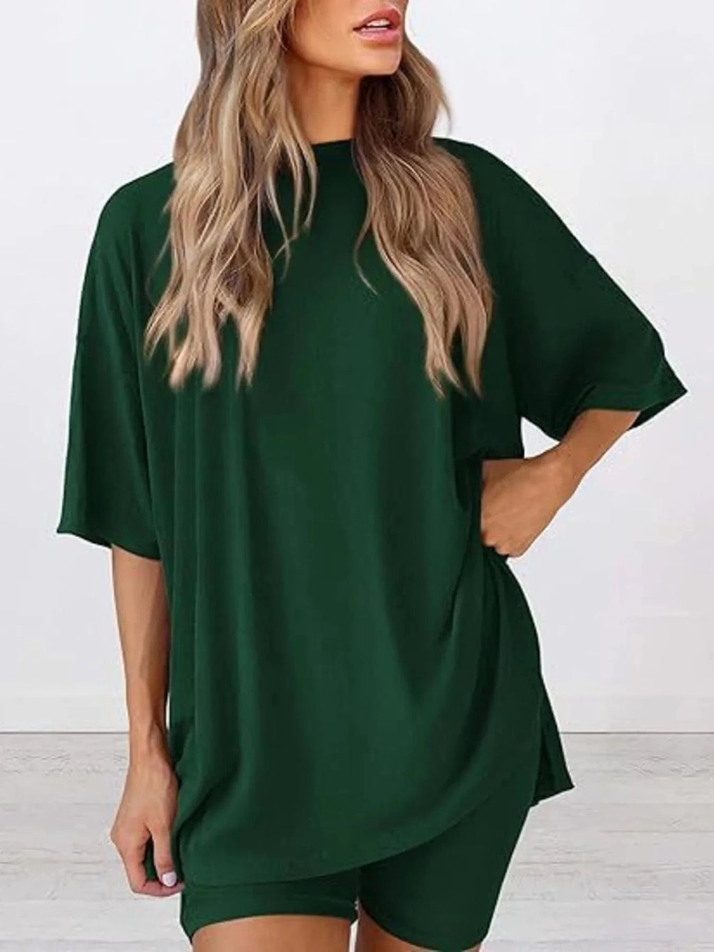 Full Size Oversized Round Neck Top and Shorts Set Plus Size - ShalayeFashion