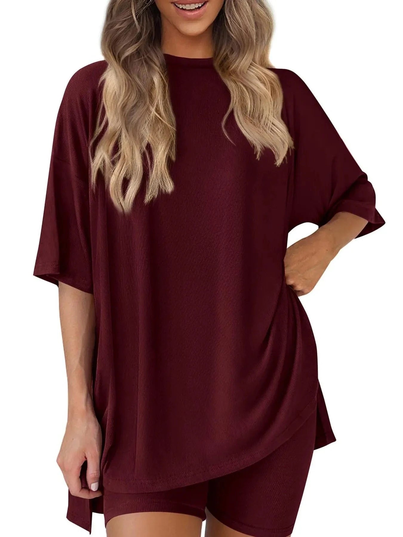 Full Size Oversized Round Neck Top and Shorts Set Plus Size - ShalayeFashion