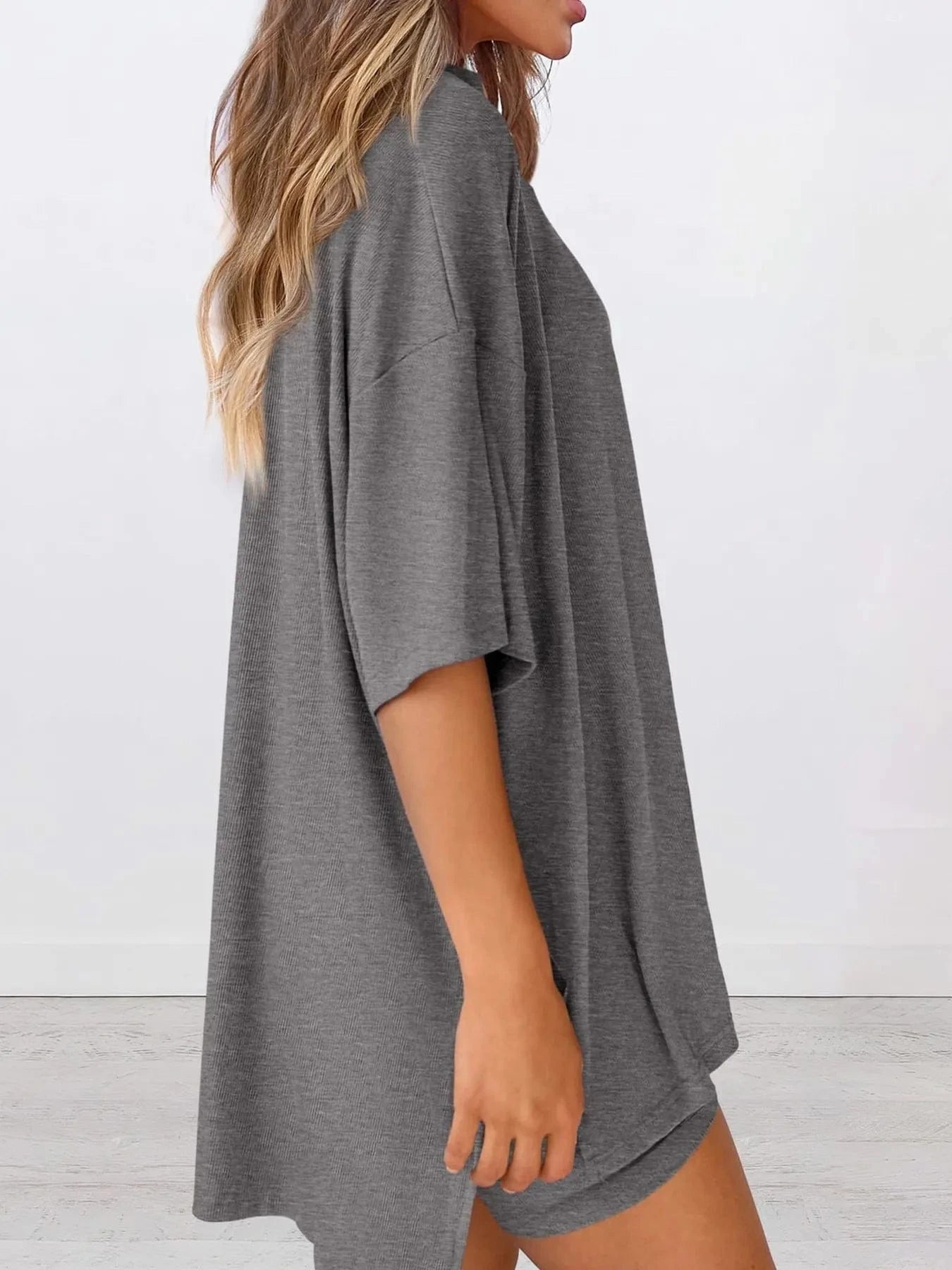 Full Size Oversized Round Neck Top and Shorts Set Plus Size - ShalayeFashion