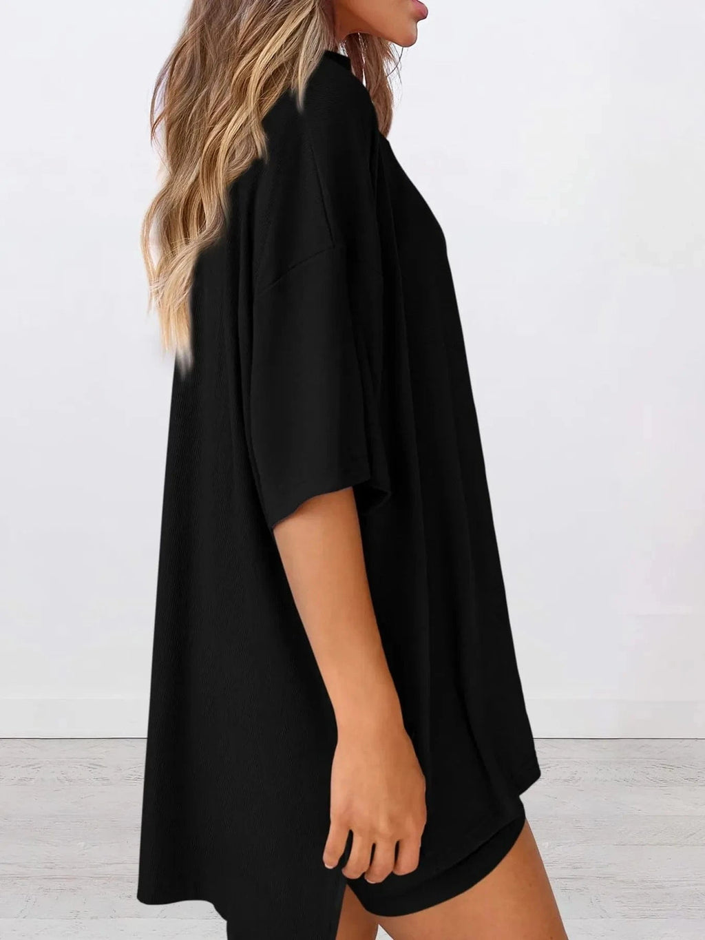 Full Size Oversized Round Neck Top and Shorts Set Plus Size - ShalayeFashion