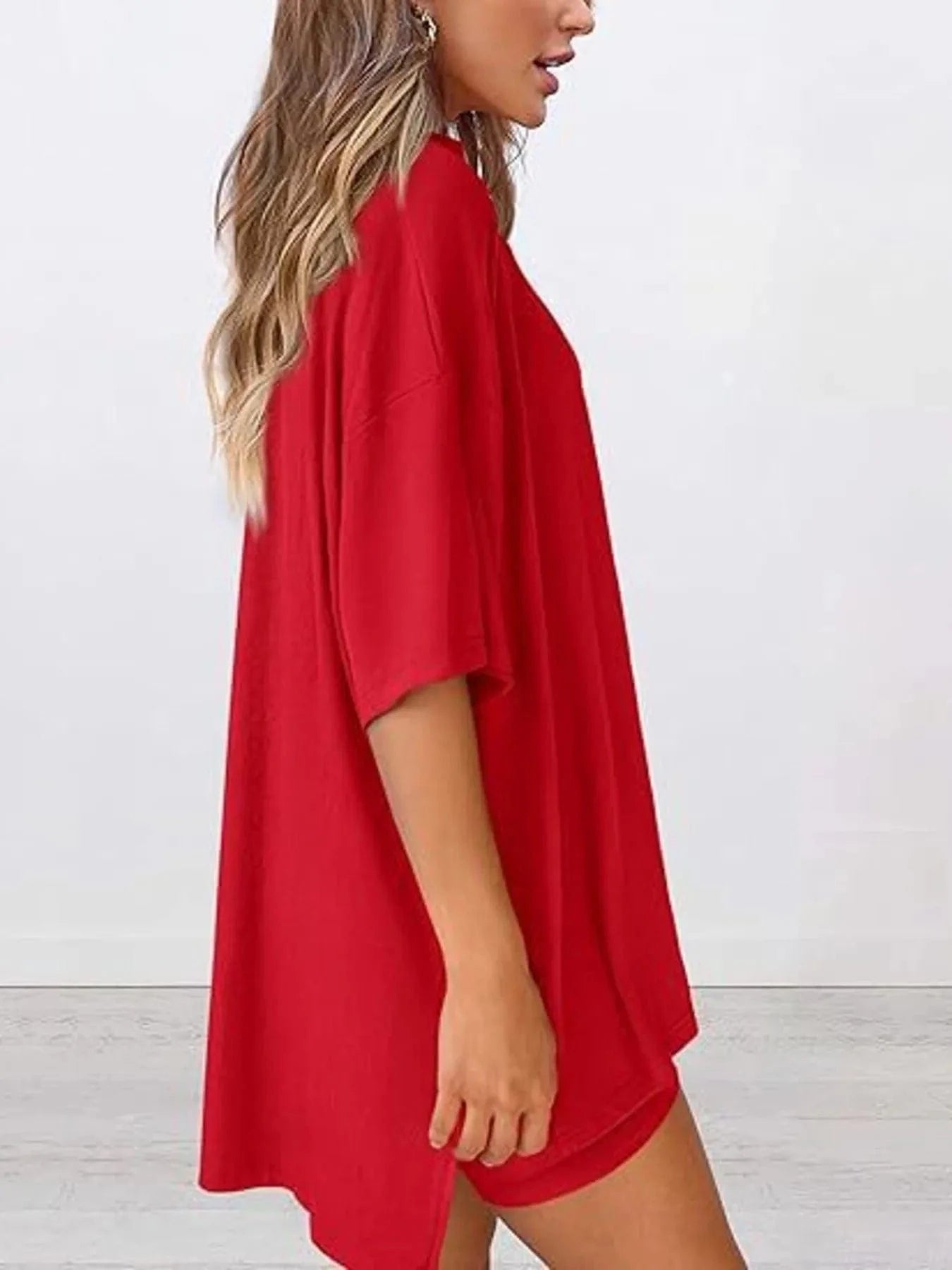 Full Size Oversized Round Neck Top and Shorts Set Plus Size - ShalayeFashion
