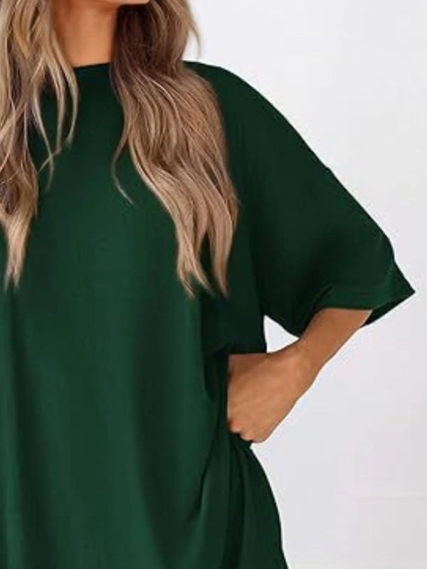 Full Size Oversized Round Neck Top and Shorts Set Plus Size - ShalayeFashion