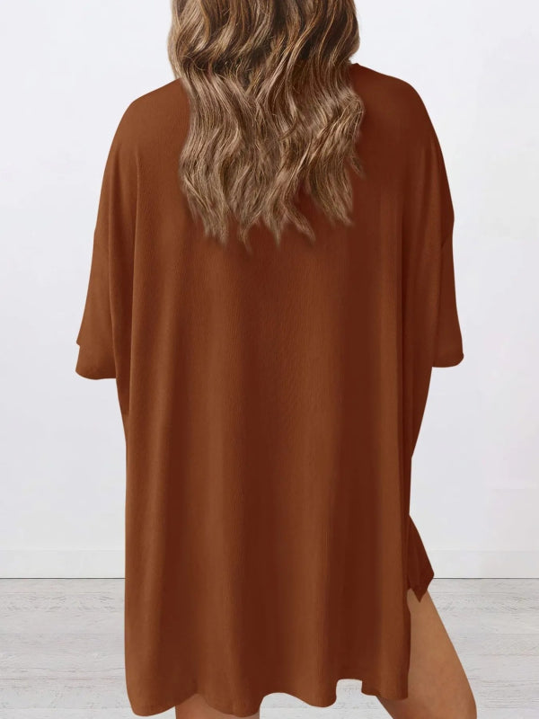 Full Size Oversized Round Neck Top and Shorts Set Plus Size - ShalayeFashion