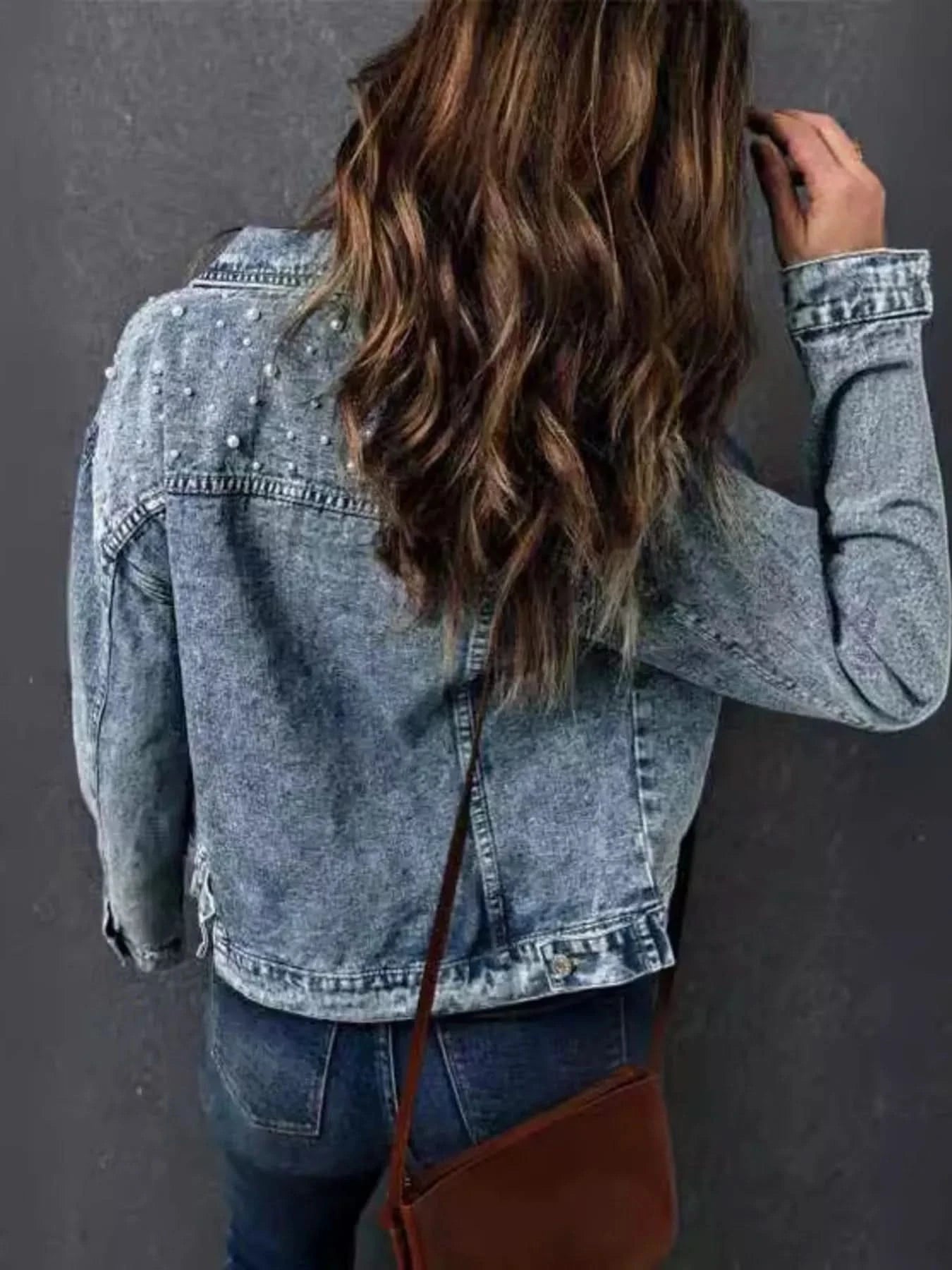 Full Size Pearl Detail Button Up Long Sleeve Denim Jacket Plus Size - ShalayeFashion
