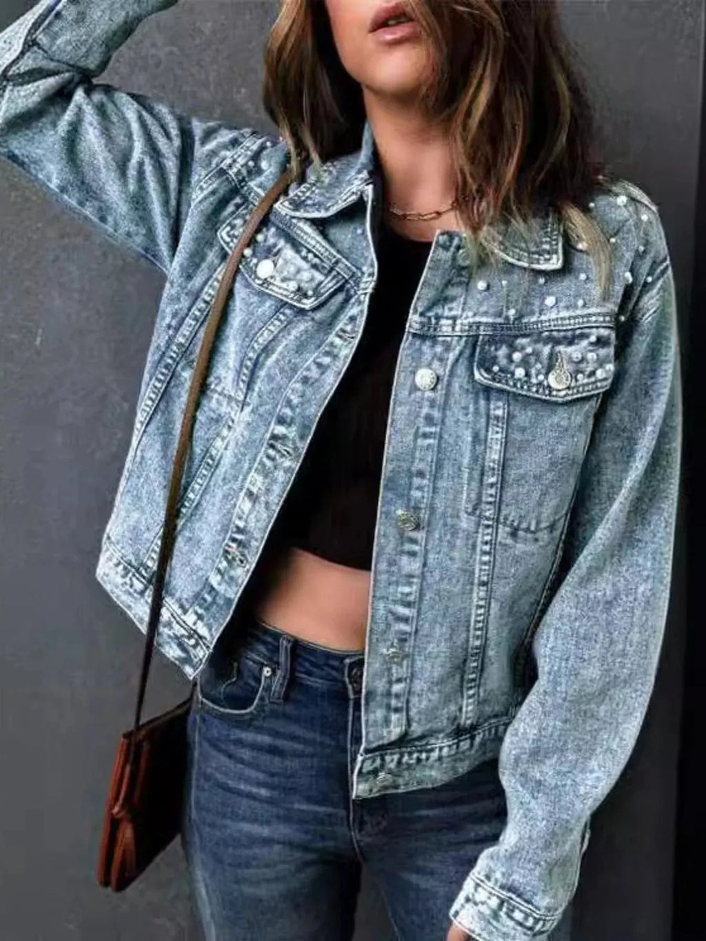Full Size Pearl Detail Button Up Long Sleeve Denim Jacket Plus Size - ShalayeFashion