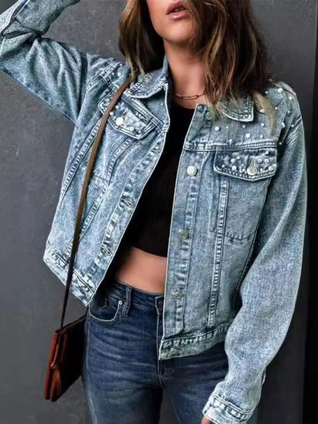 Full Size Pearl Detail Button Up Long Sleeve Denim Jacket Plus Size - ShalayeFashion