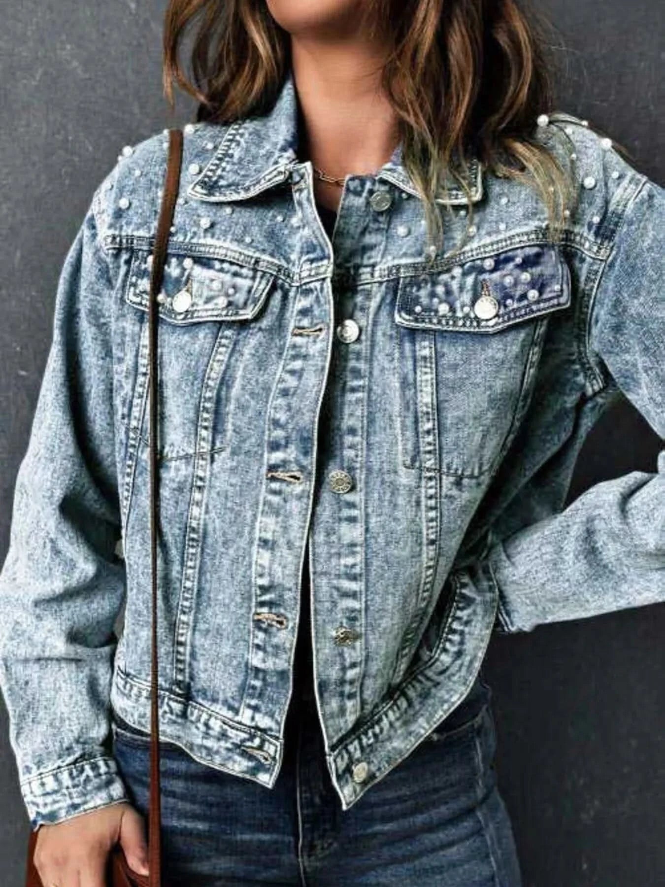 Full Size Pearl Detail Button Up Long Sleeve Denim Jacket Plus Size - ShalayeFashion