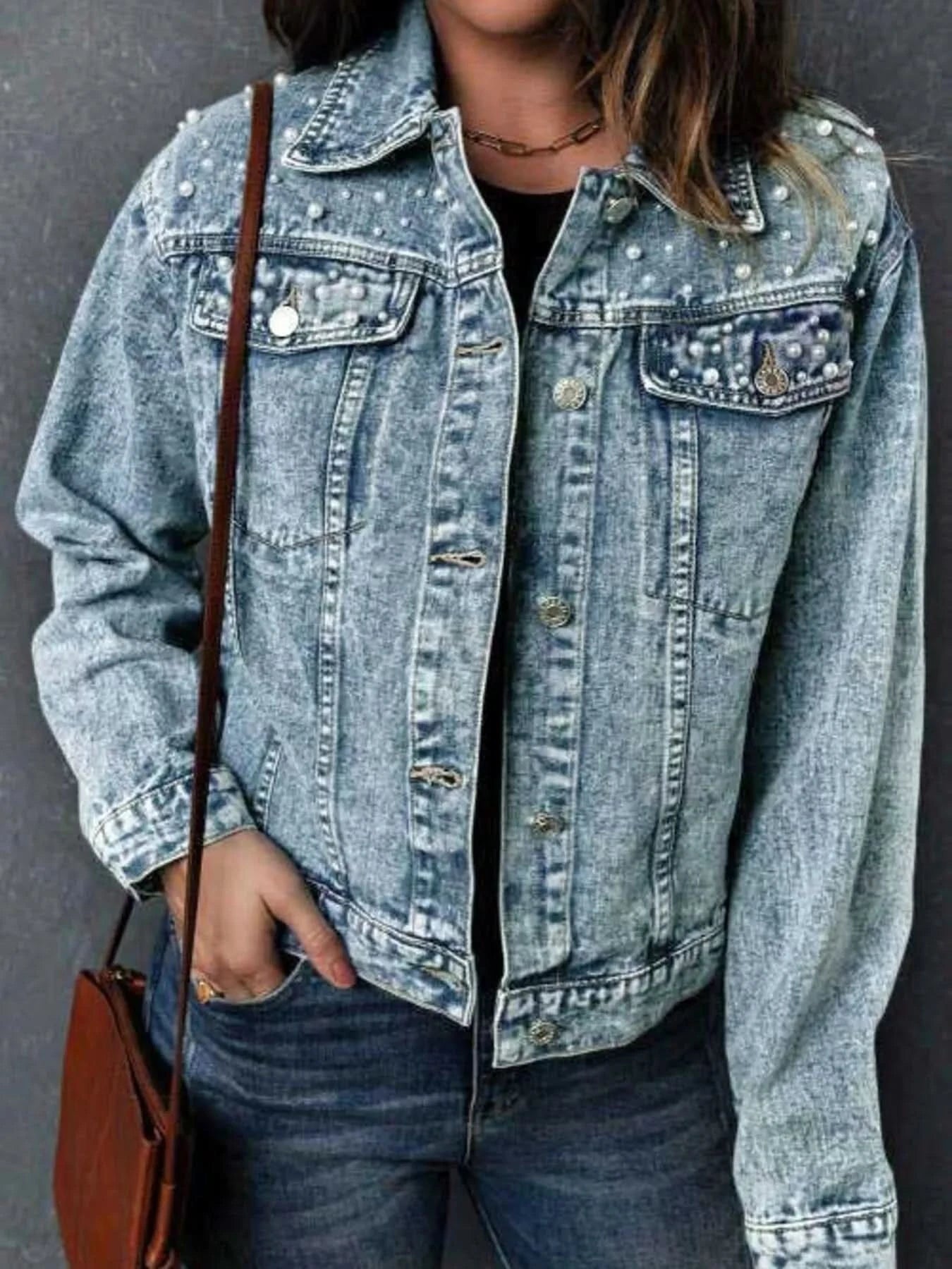 Full Size Pearl Detail Button Up Long Sleeve Denim Jacket Plus Size - ShalayeFashion