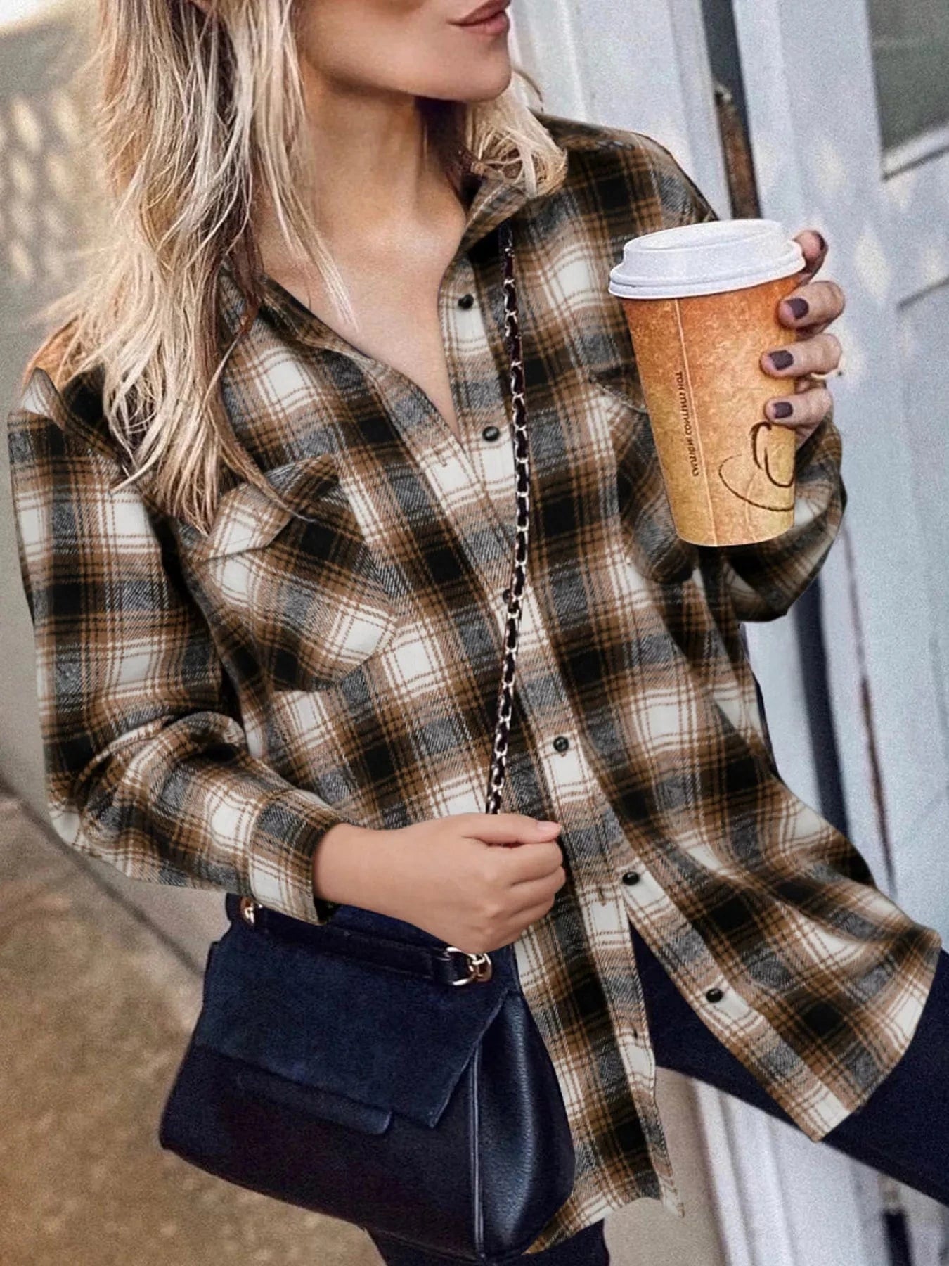 Full Size Plaid Button - Up Long Sleeve Shirt Plus Size - ShalayeFashion