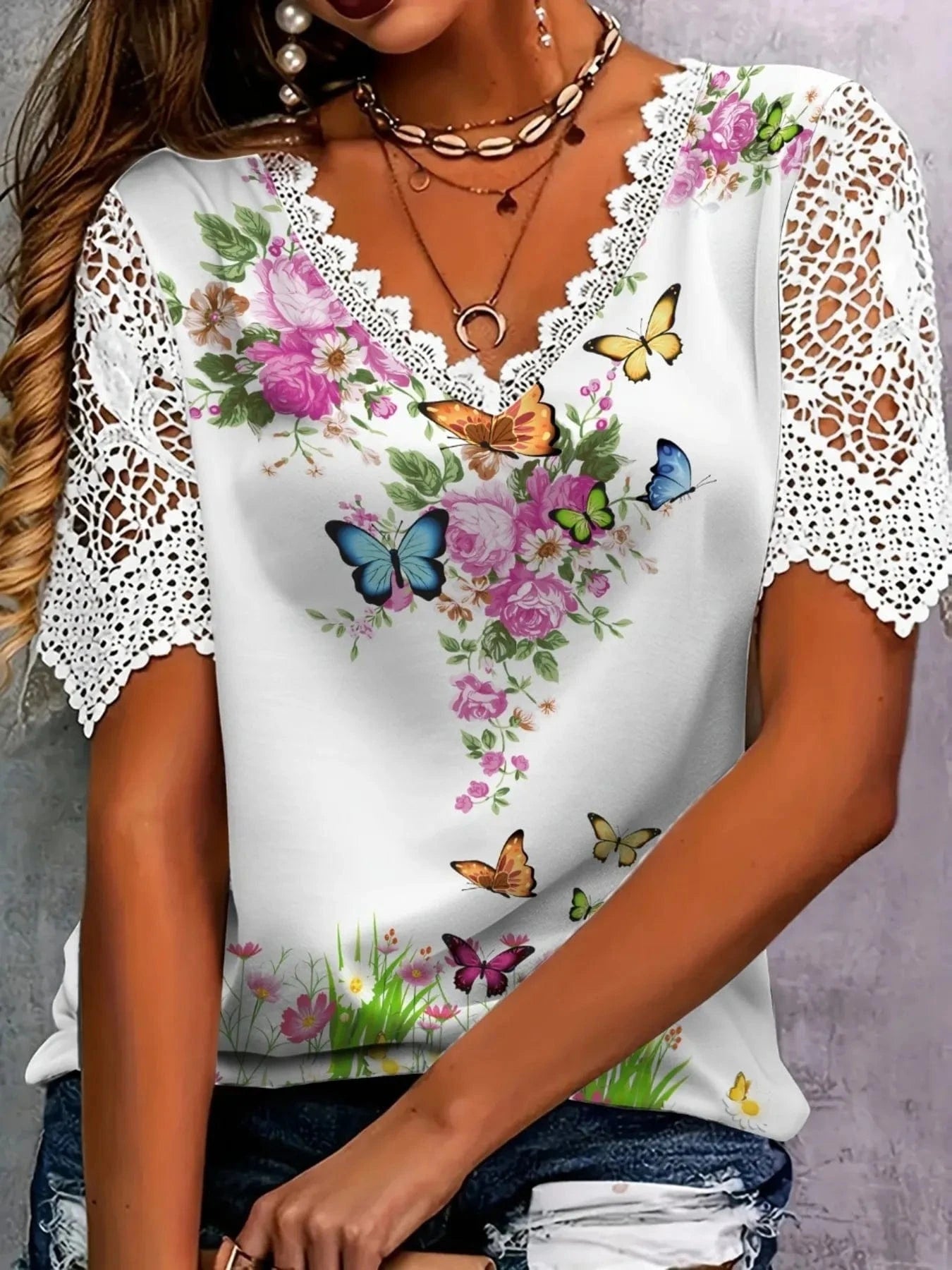 Full Size Printed Lace Sleeve V - Neck T-Shirt Plus Size - ShalayeFashion