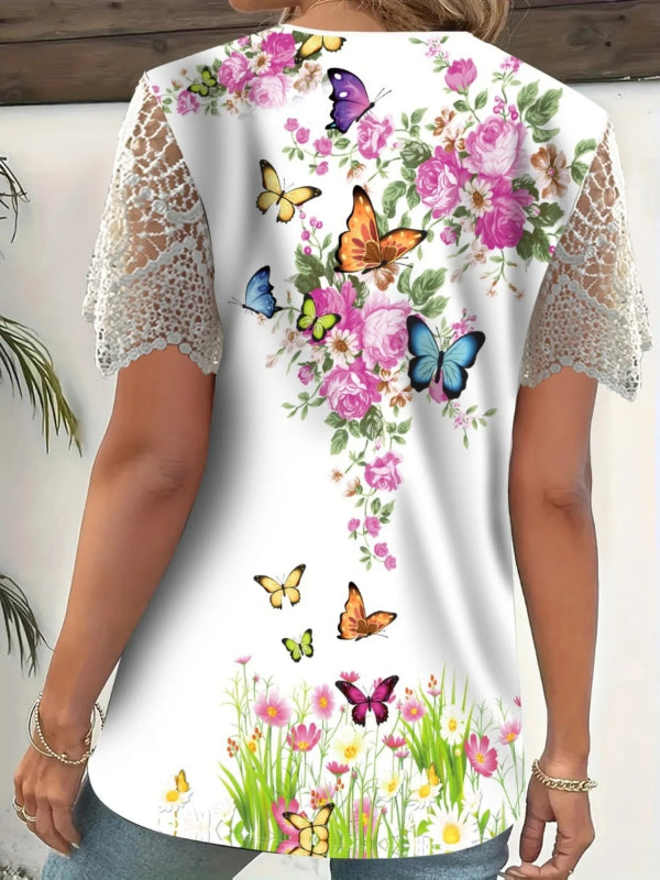 Full Size Printed Lace Sleeve V - Neck T-Shirt Plus Size - ShalayeFashion
