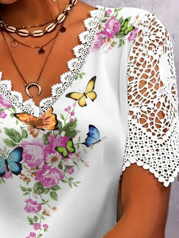 Full Size Printed Lace Sleeve V - Neck T-Shirt Plus Size - ShalayeFashion