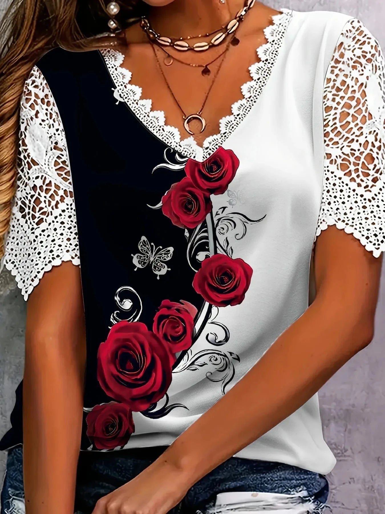 Full Size Printed Lace Sleeve V - Neck T-Shirt Plus Size - ShalayeFashion