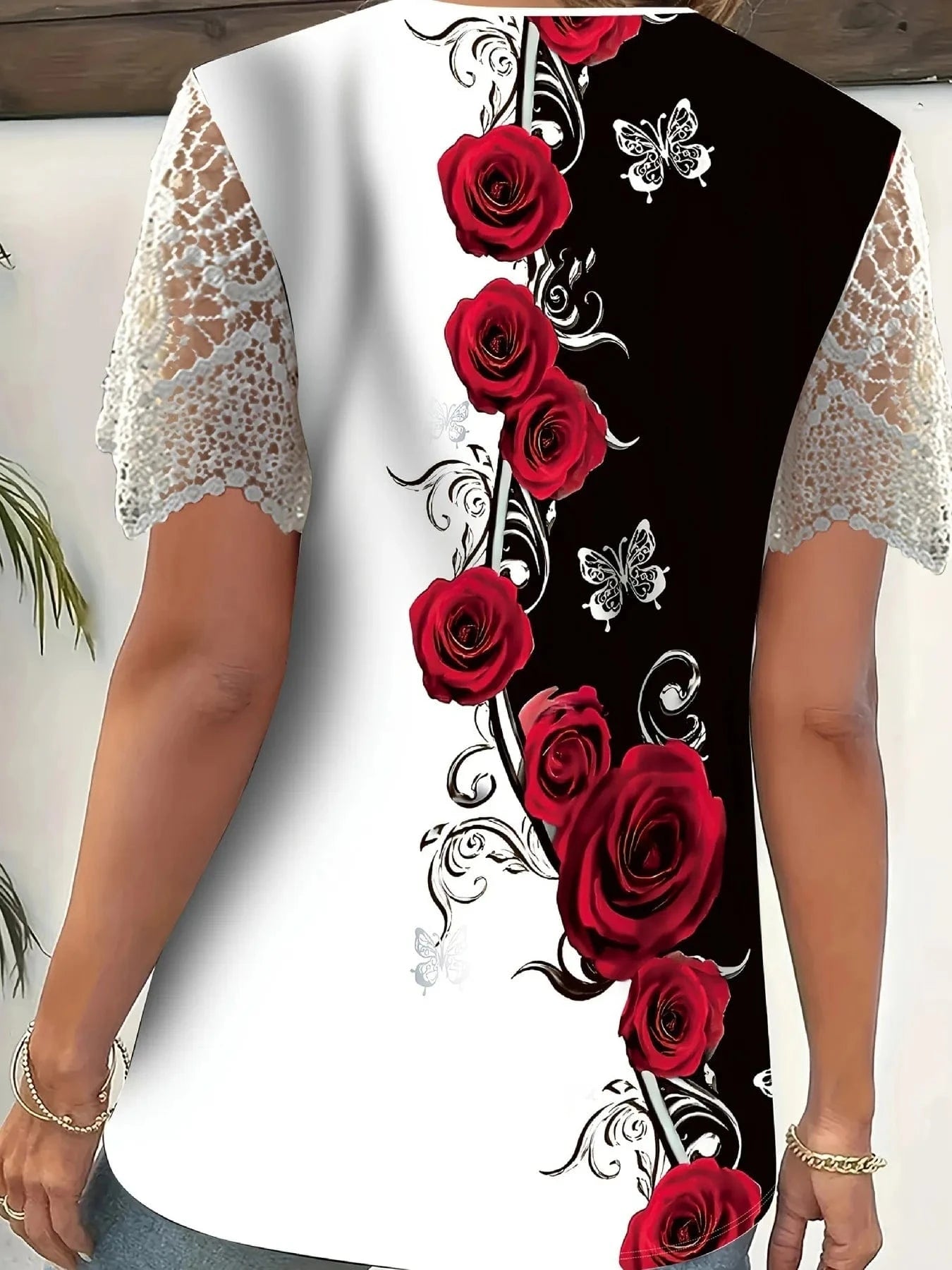Full Size Printed Lace Sleeve V - Neck T-Shirt Plus Size - ShalayeFashion