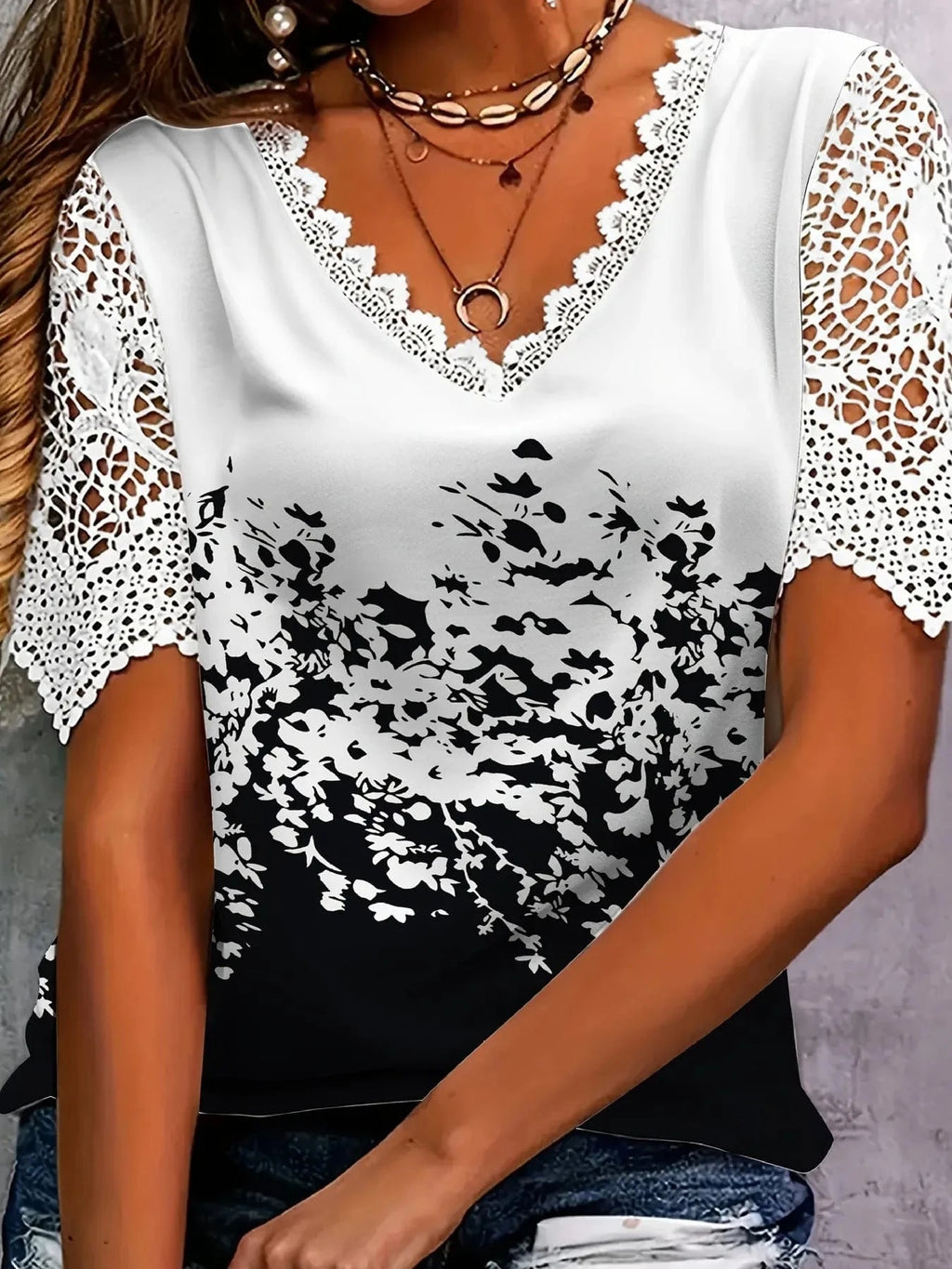 Full Size Printed Lace Sleeve V - Neck T-Shirt Plus Size - ShalayeFashion