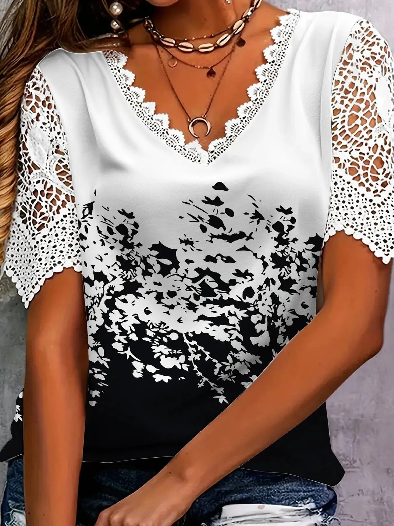 Full Size Printed Lace Sleeve V - Neck T-Shirt Plus Size - ShalayeFashion