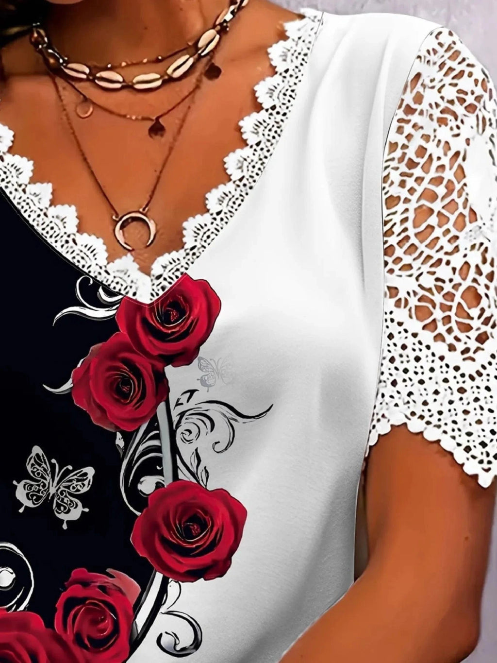 Full Size Printed Lace Sleeve V - Neck T-Shirt Plus Size - ShalayeFashion