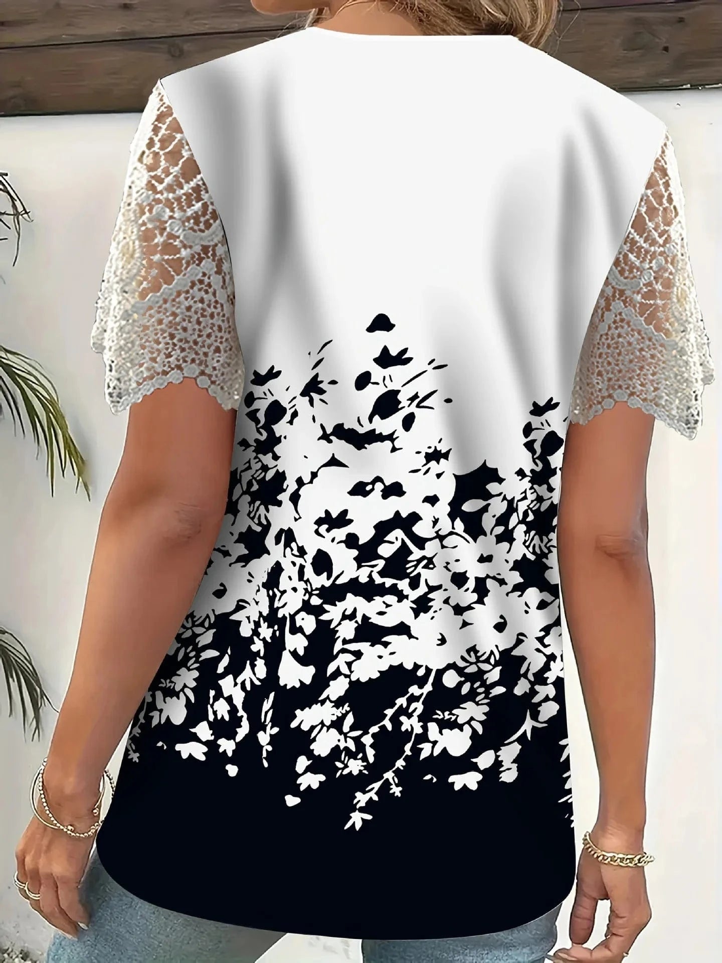 Full Size Printed Lace Sleeve V - Neck T-Shirt Plus Size - ShalayeFashion