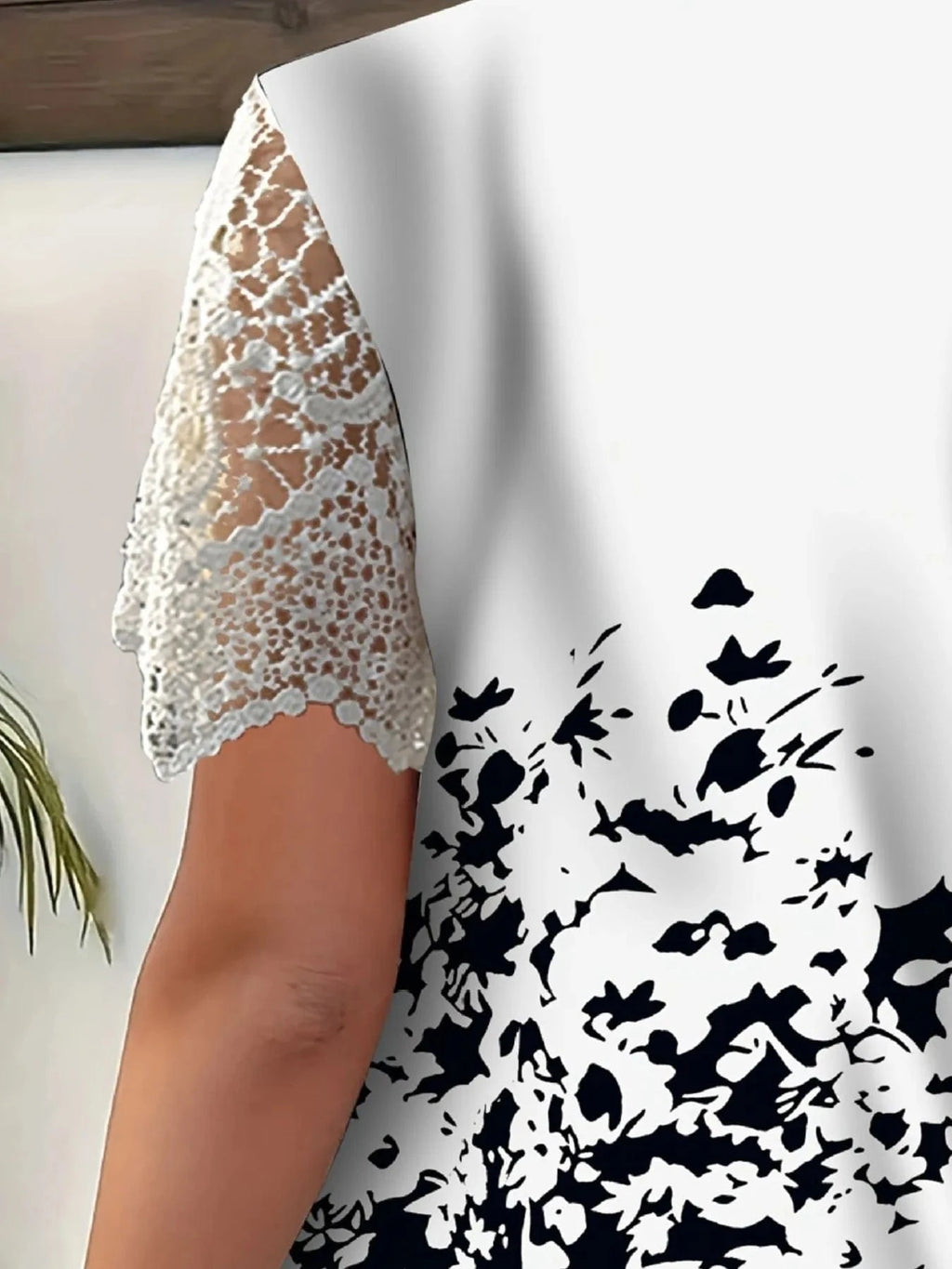 Full Size Printed Lace Sleeve V - Neck T-Shirt Plus Size - ShalayeFashion