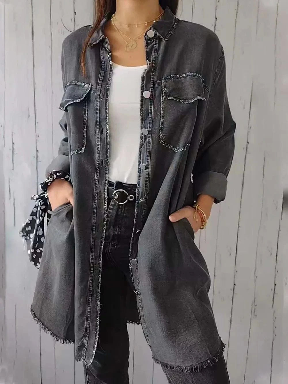 Full Size Raw Hem Button Up Long Sleeve Denim Top Plus Size - ShalayeFashion