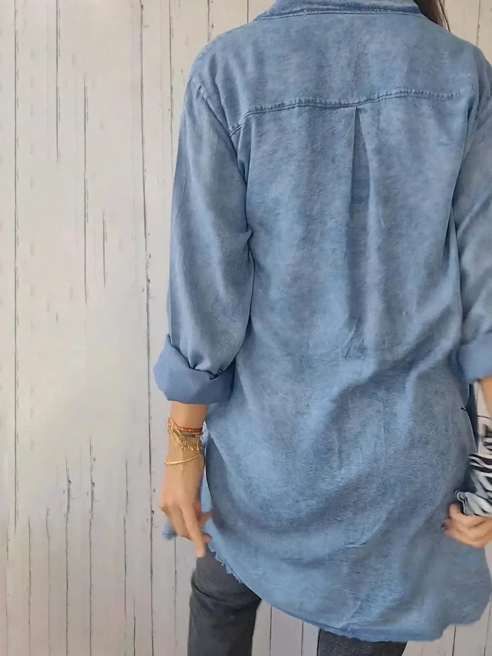 Full Size Raw Hem Button Up Long Sleeve Denim Top Plus Size - ShalayeFashion