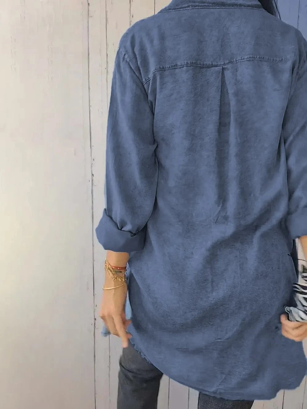 Full Size Raw Hem Button Up Long Sleeve Denim Top Plus Size - ShalayeFashion