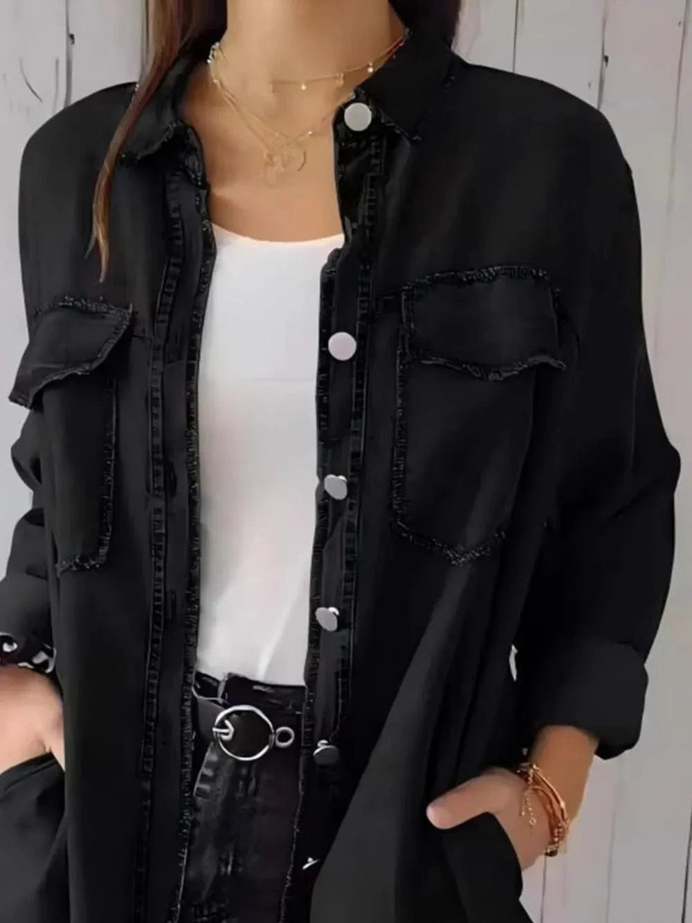 Full Size Raw Hem Button Up Long Sleeve Denim Top Plus Size - ShalayeFashion
