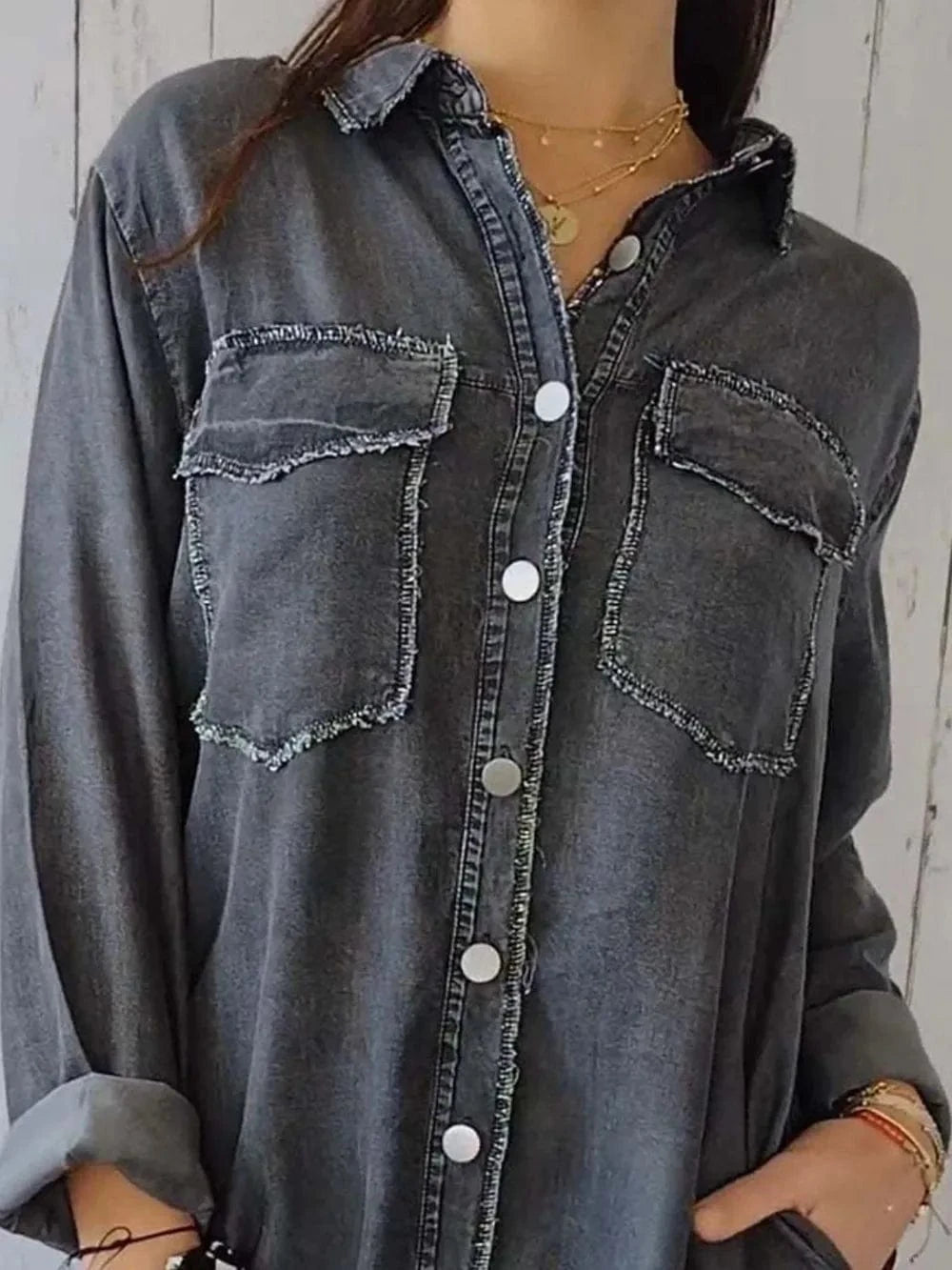 Full Size Raw Hem Button Up Long Sleeve Denim Top Plus Size - ShalayeFashion