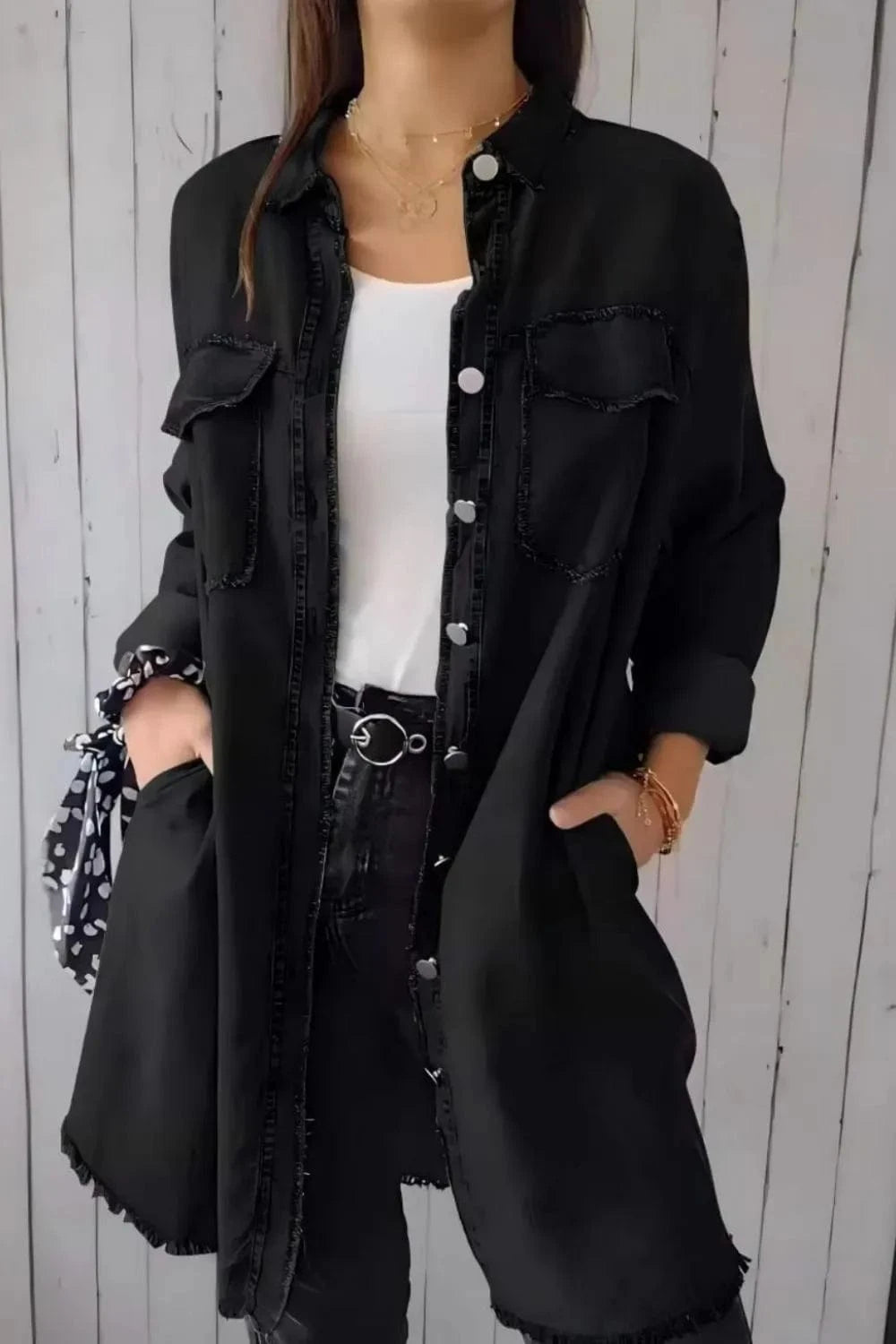 Full Size Raw Hem Button Up Long Sleeve Denim Top Plus Size - ShalayeFashion