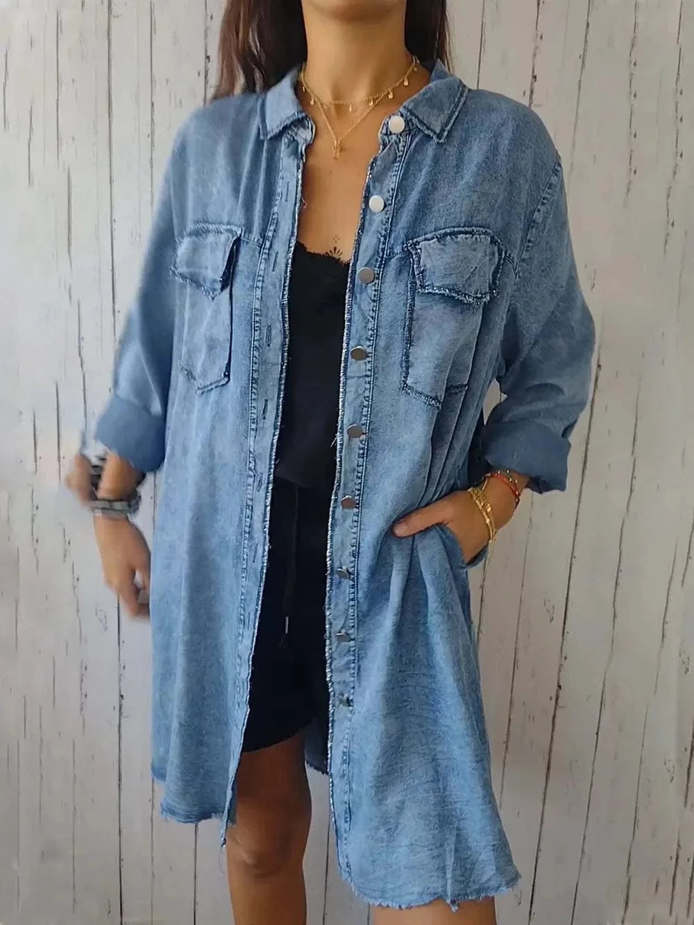 Full Size Raw Hem Button Up Long Sleeve Denim Top Plus Size - ShalayeFashion