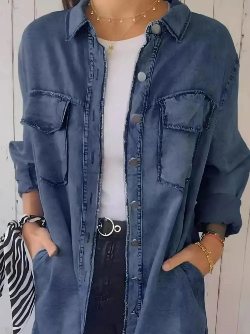 Full Size Raw Hem Button Up Long Sleeve Denim Top Plus Size - ShalayeFashion
