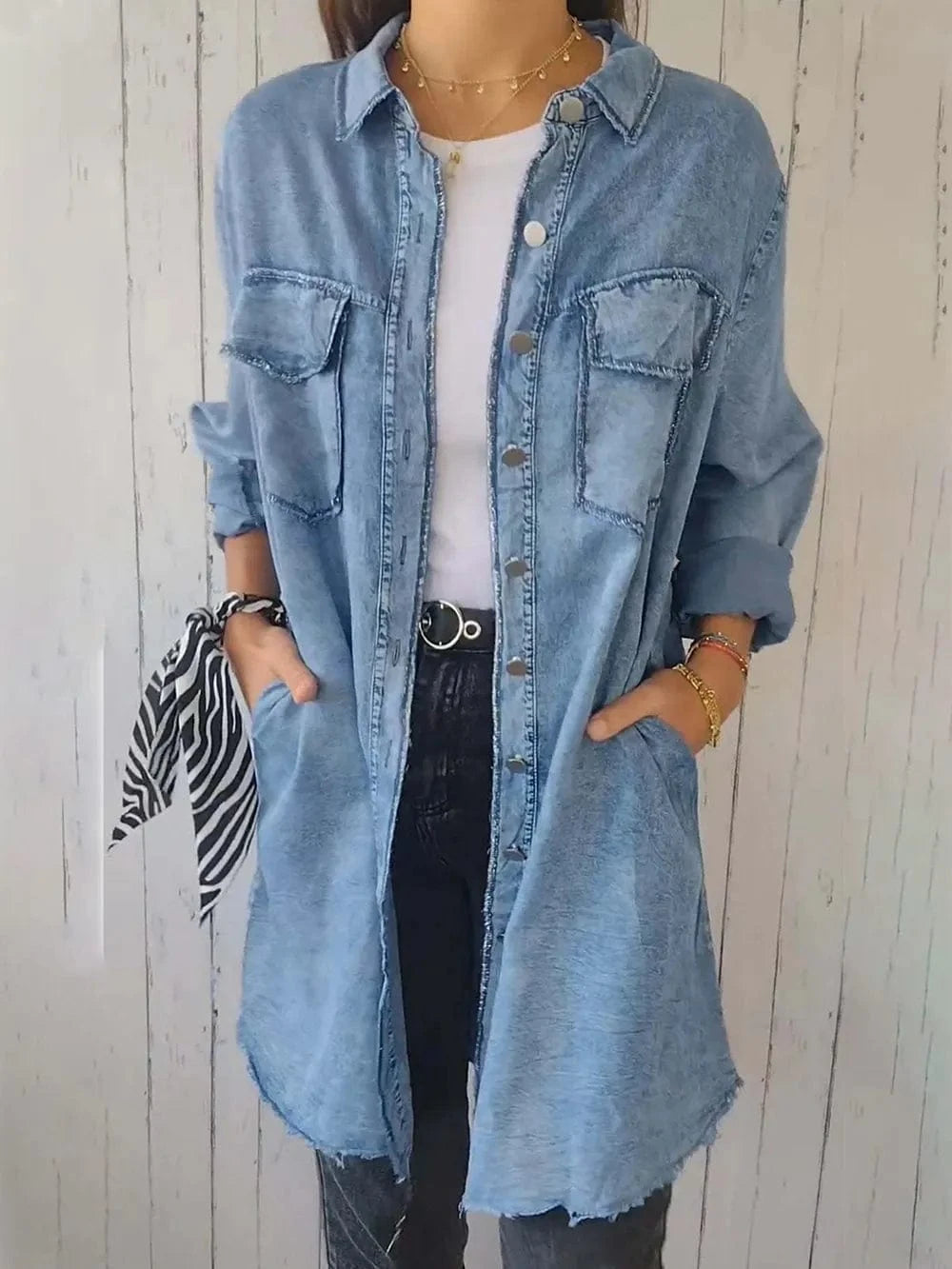 Full Size Raw Hem Button Up Long Sleeve Denim Top Plus Size - ShalayeFashion