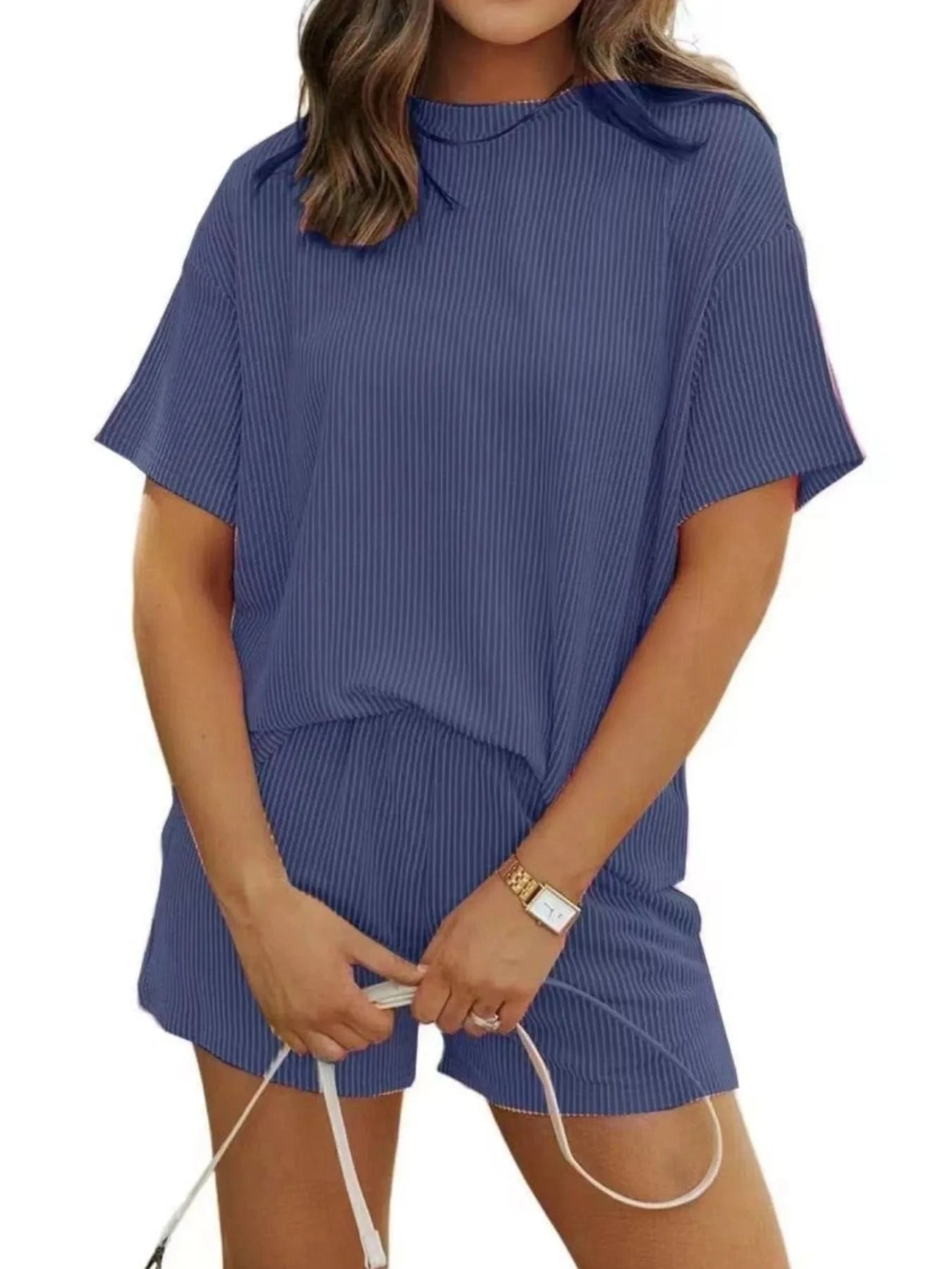 Full Size Ribbed Short Sleeve Top and Shorts Two - Piece Set Plus Size - ShalayeFashion