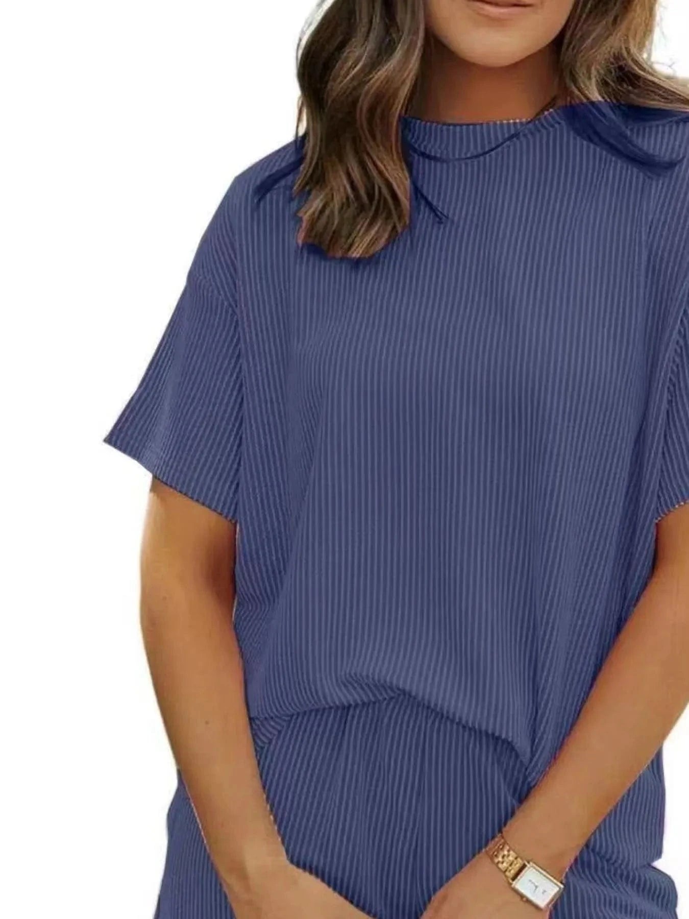 Full Size Ribbed Short Sleeve Top and Shorts Two - Piece Set Plus Size - ShalayeFashion