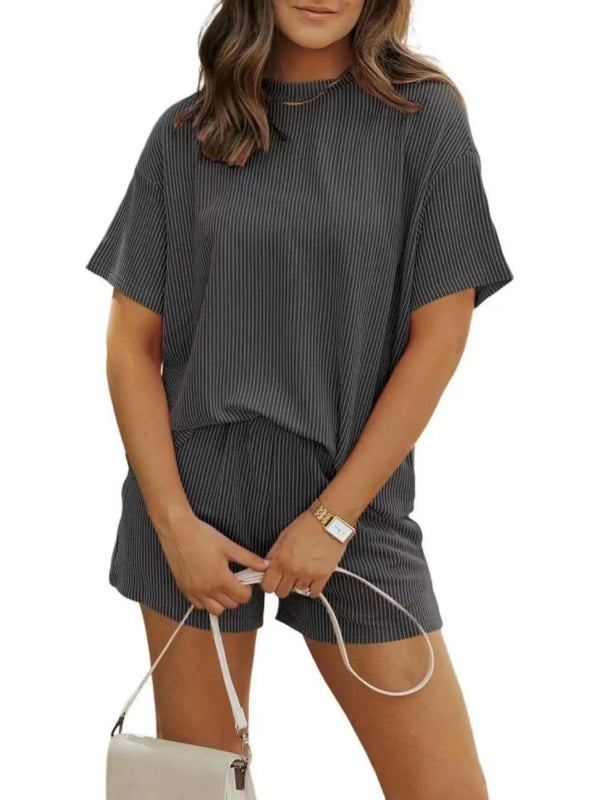 Full Size Ribbed Short Sleeve Top and Shorts Two - Piece Set Plus Size - ShalayeFashion