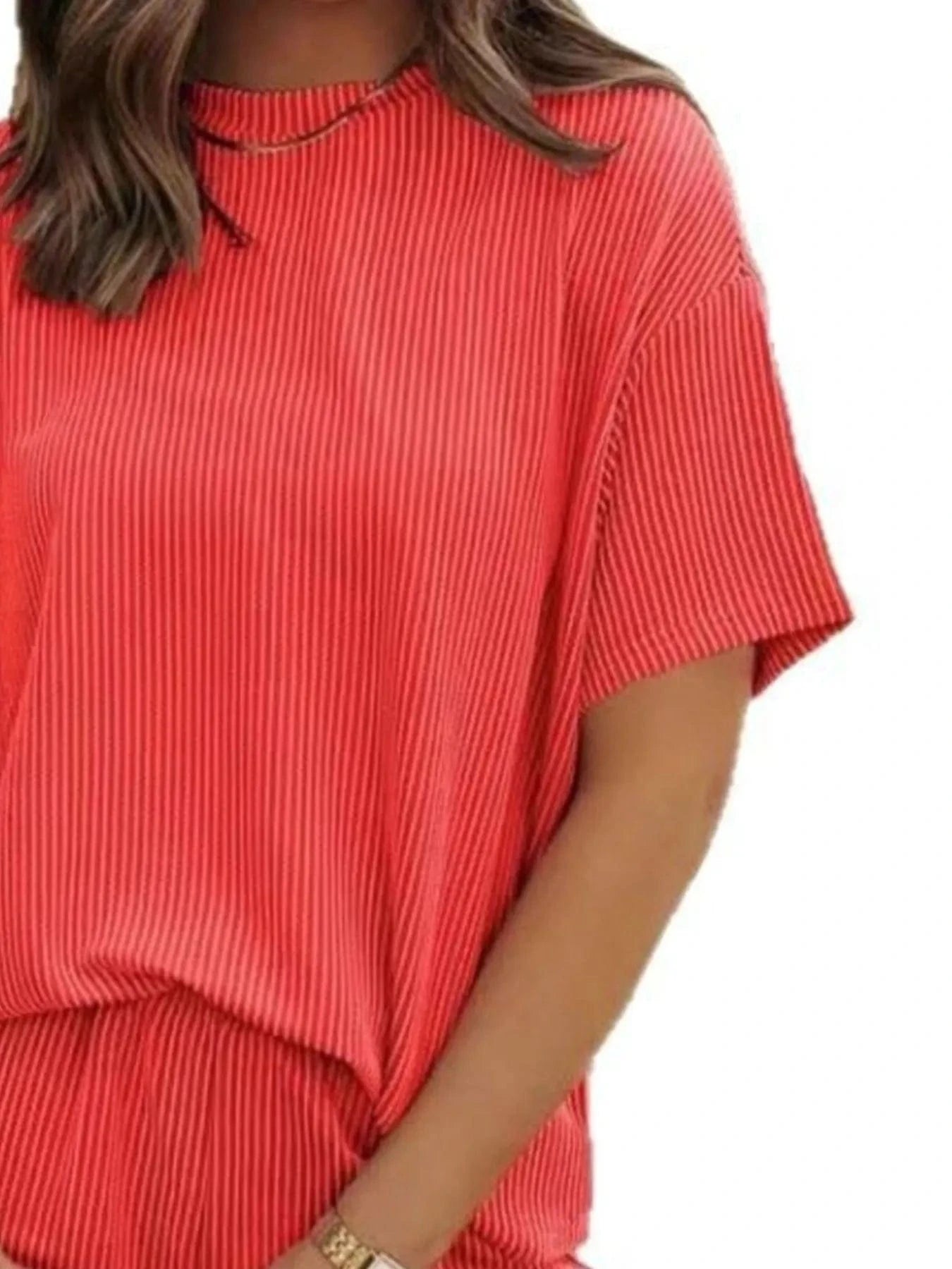 Full Size Ribbed Short Sleeve Top and Shorts Two - Piece Set Plus Size - ShalayeFashion