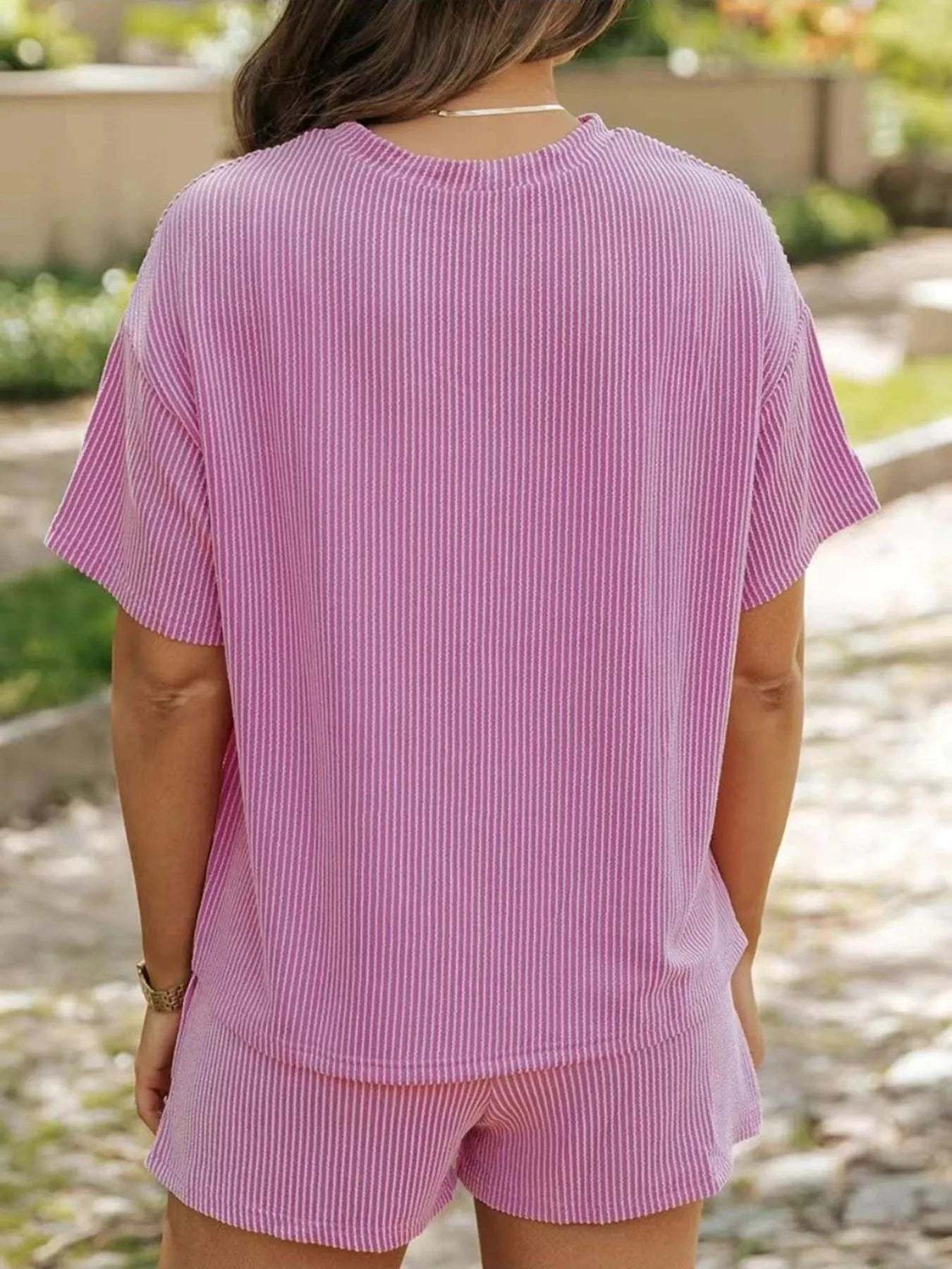 Full Size Ribbed Short Sleeve Top and Shorts Two - Piece Set Plus Size - ShalayeFashion