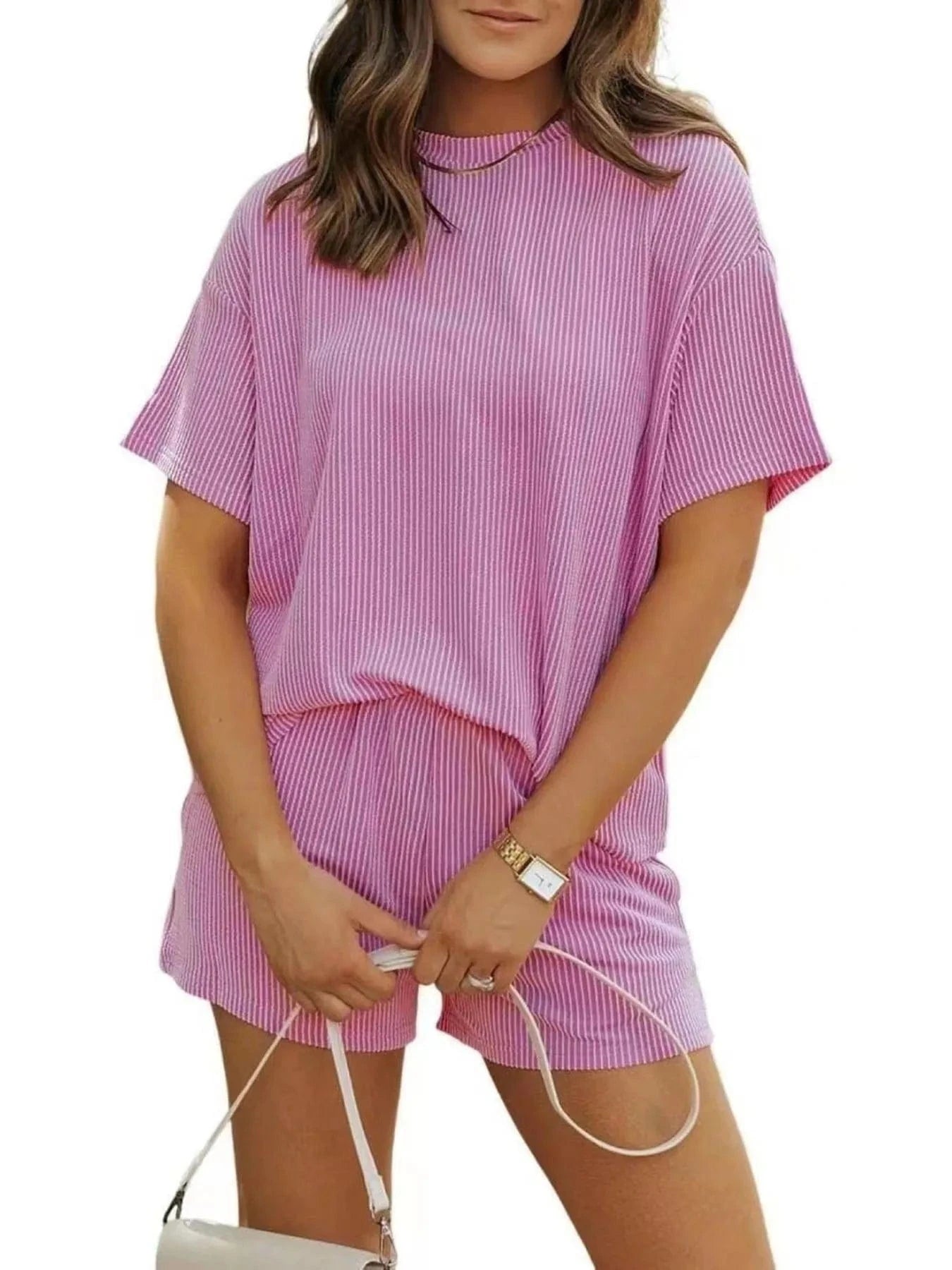 Full Size Ribbed Short Sleeve Top and Shorts Two - Piece Set Plus Size - ShalayeFashion