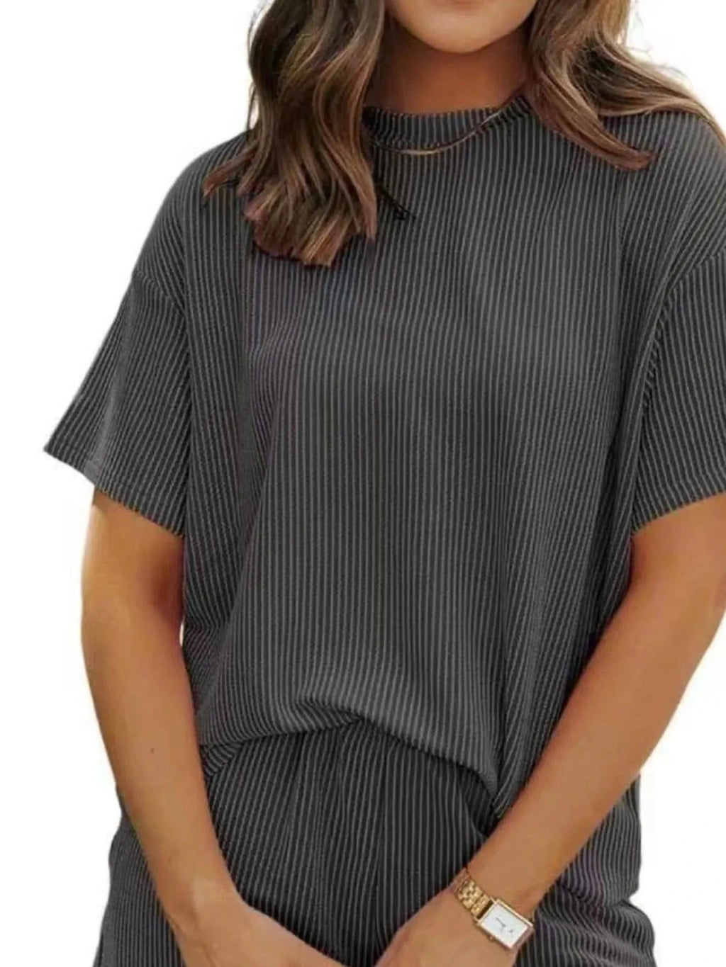 Full Size Ribbed Short Sleeve Top and Shorts Two - Piece Set Plus Size - ShalayeFashion