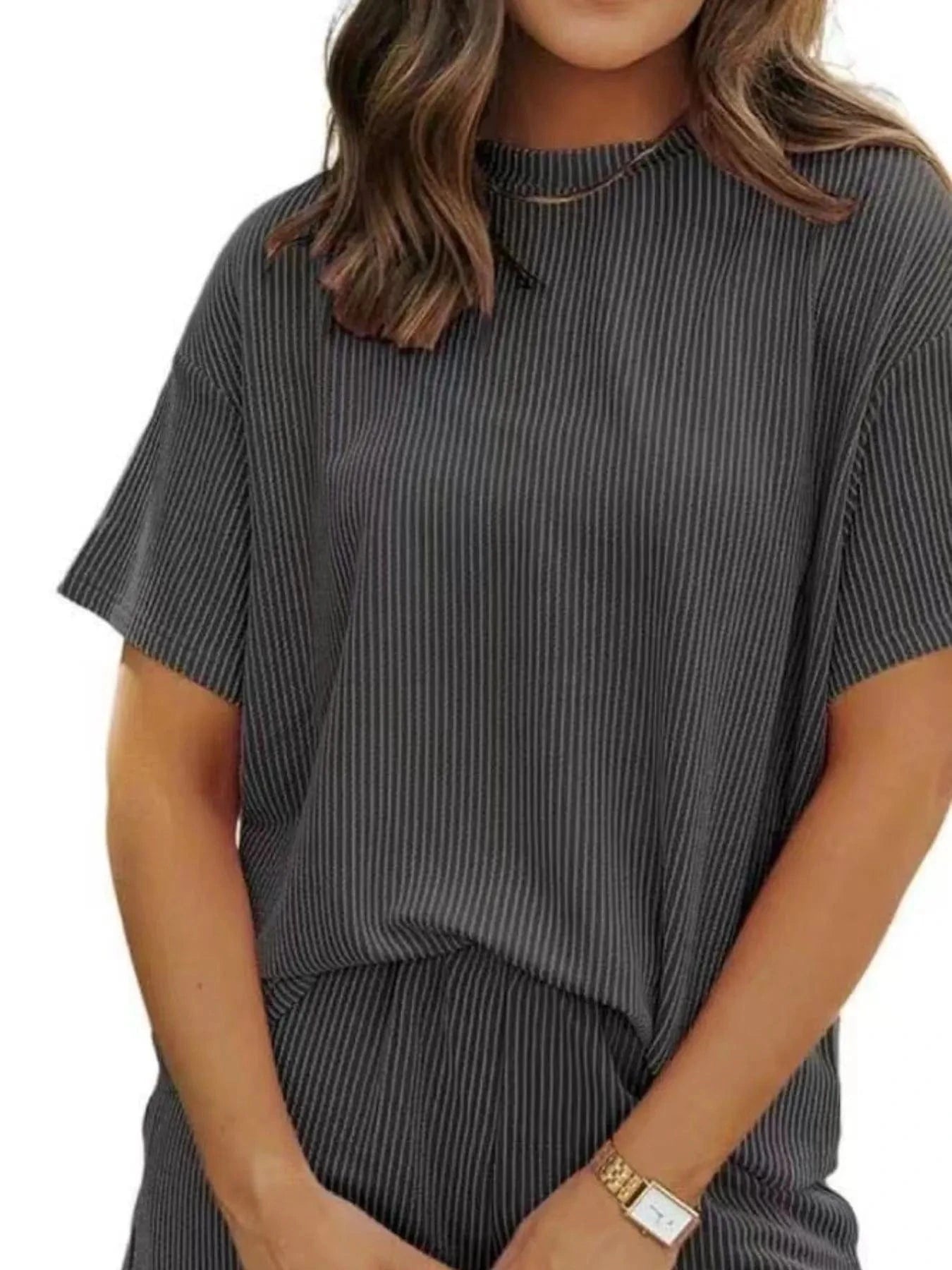 Full Size Ribbed Short Sleeve Top and Shorts Two - Piece Set Plus Size - ShalayeFashion