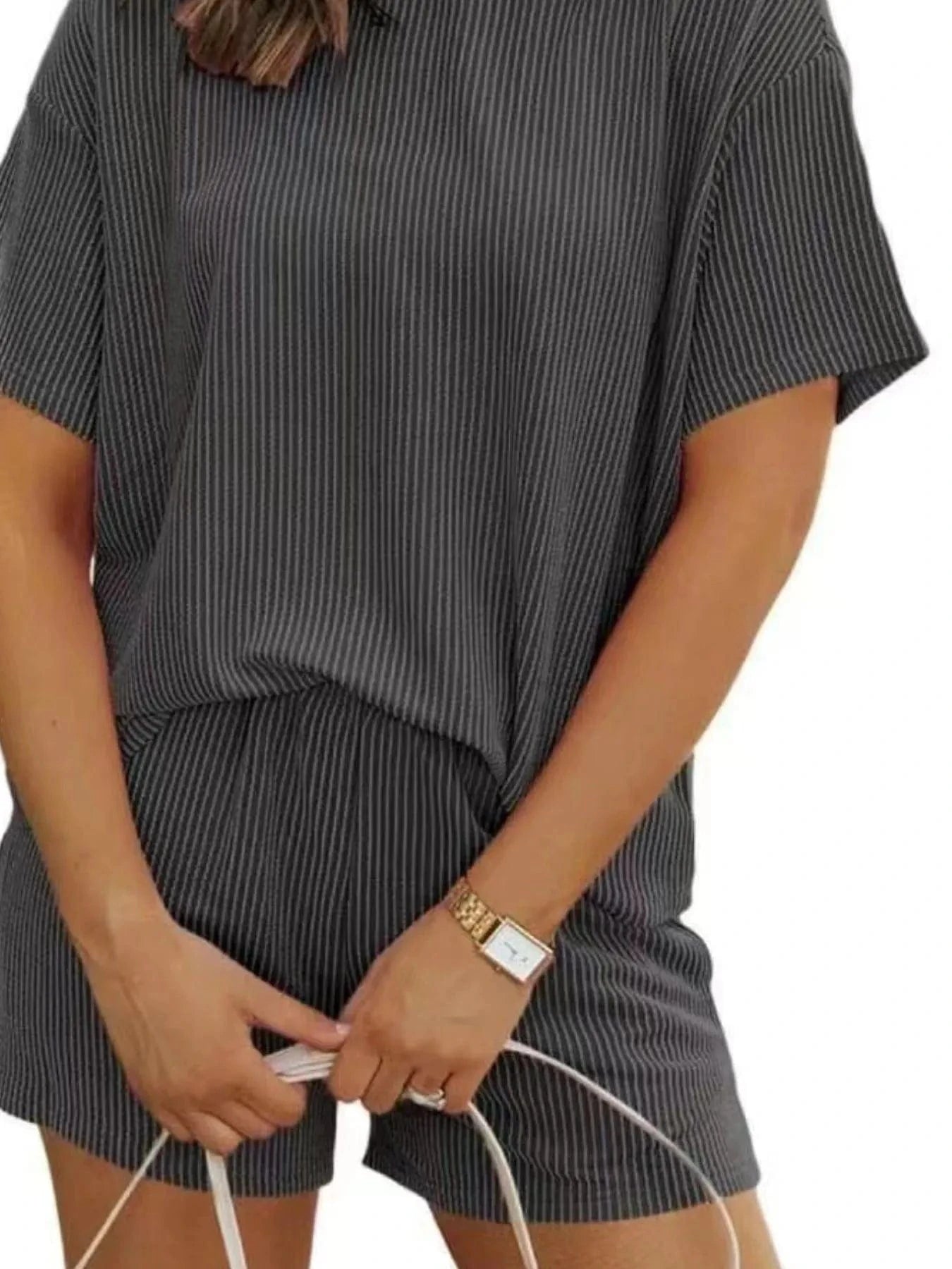 Full Size Ribbed Short Sleeve Top and Shorts Two - Piece Set Plus Size - ShalayeFashion