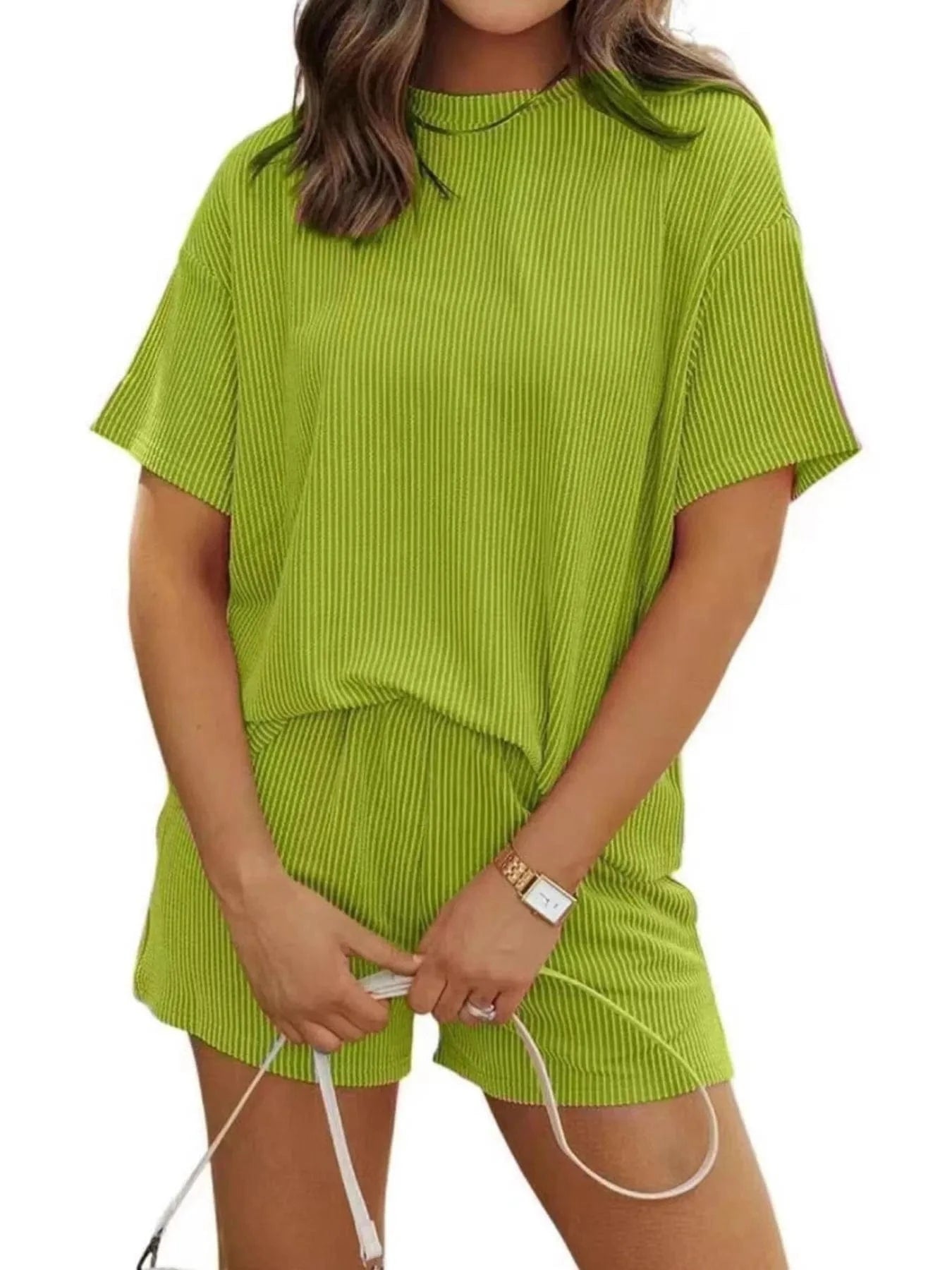 Full Size Ribbed Short Sleeve Top and Shorts Two - Piece Set Plus Size - ShalayeFashion