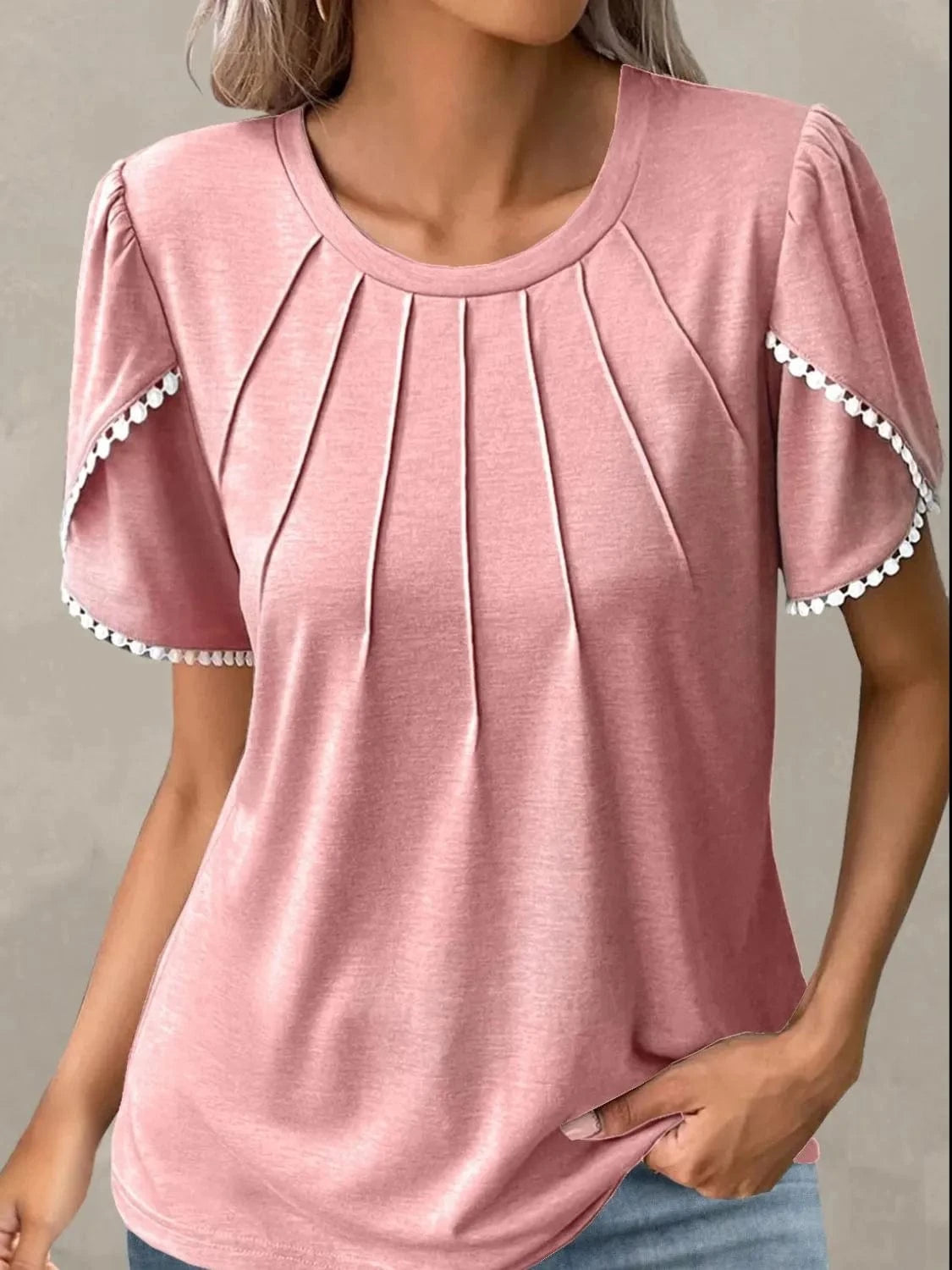 Full Size Round Neck Petal Sleeve Blouse Plus Size - ShalayeFashion