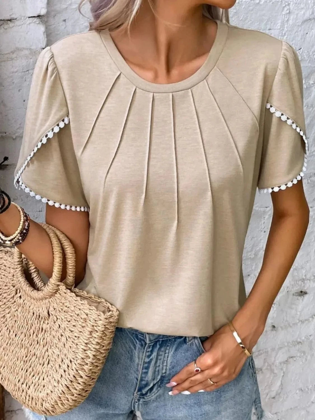 Full Size Round Neck Petal Sleeve Blouse Plus Size - ShalayeFashion